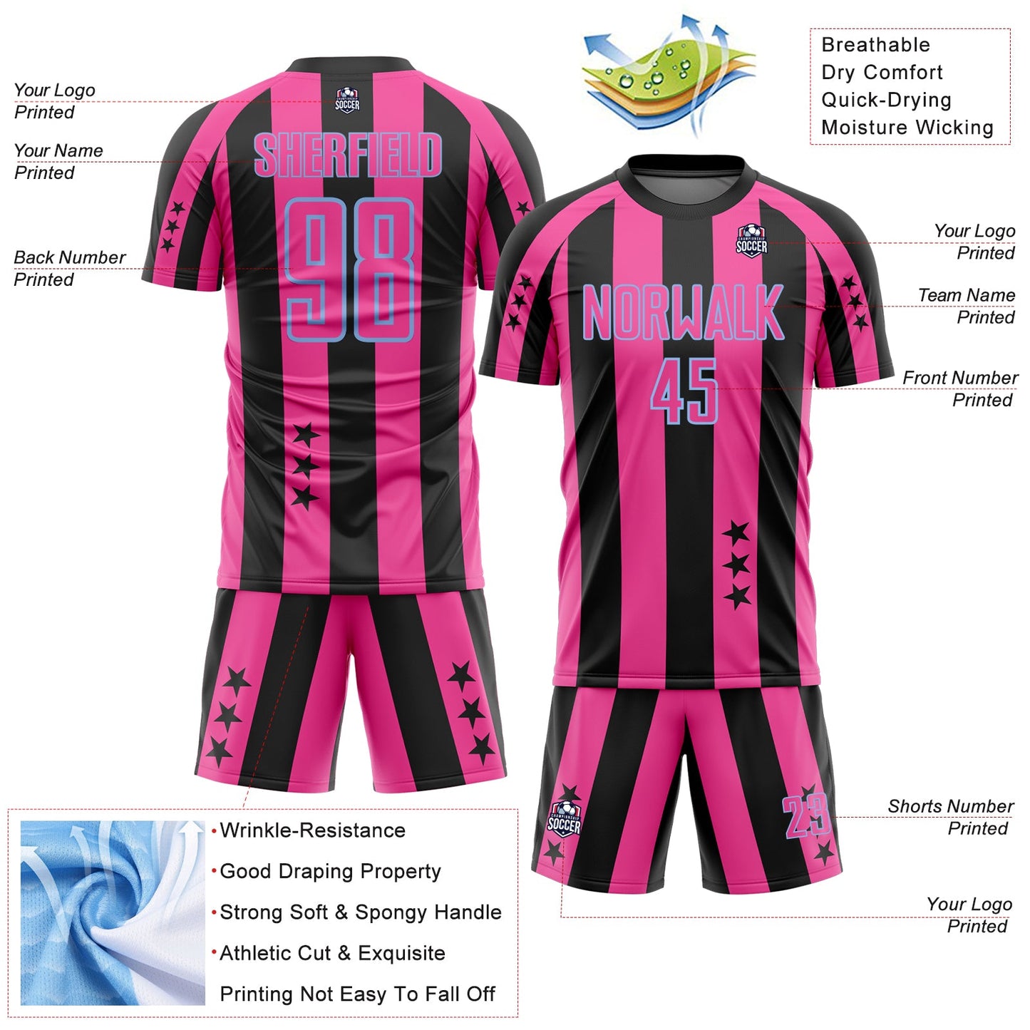 Custom Black Pink-Light Blue Stars And Stripes Sports Sublimation Soccer Uniform Jersey view 4