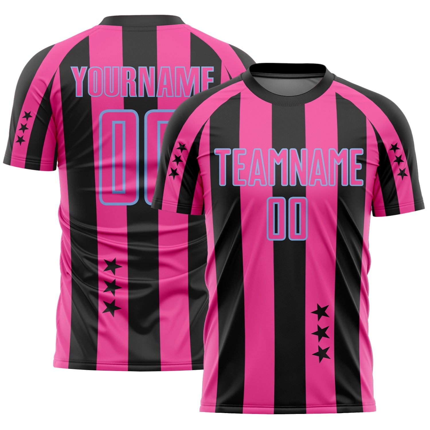 Custom Black Pink-Light Blue Stars And Stripes Sports Sublimation Soccer Uniform Jersey - Main View