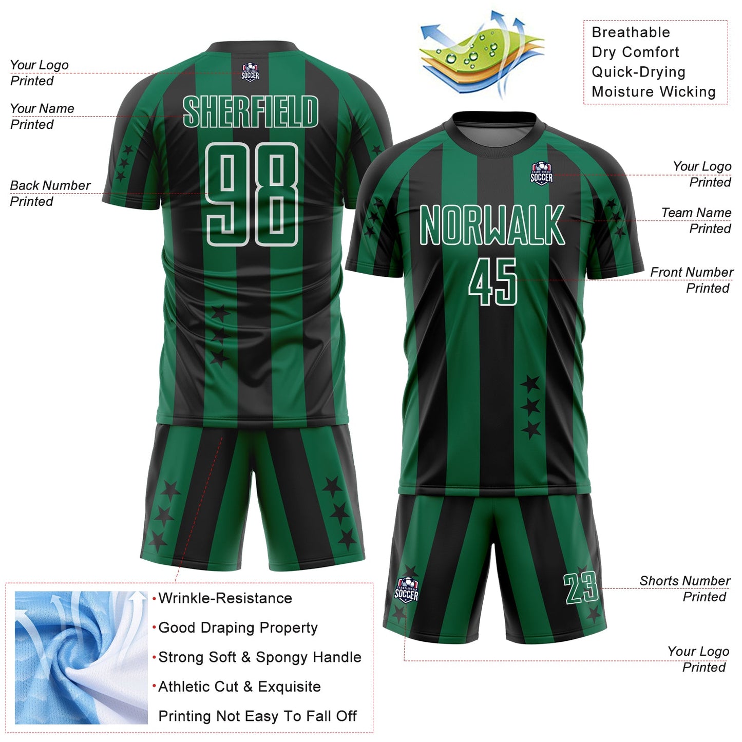 Custom Black Kelly Green-White Stars And Stripes Sports Sublimation Soccer Uniform Jersey view 4