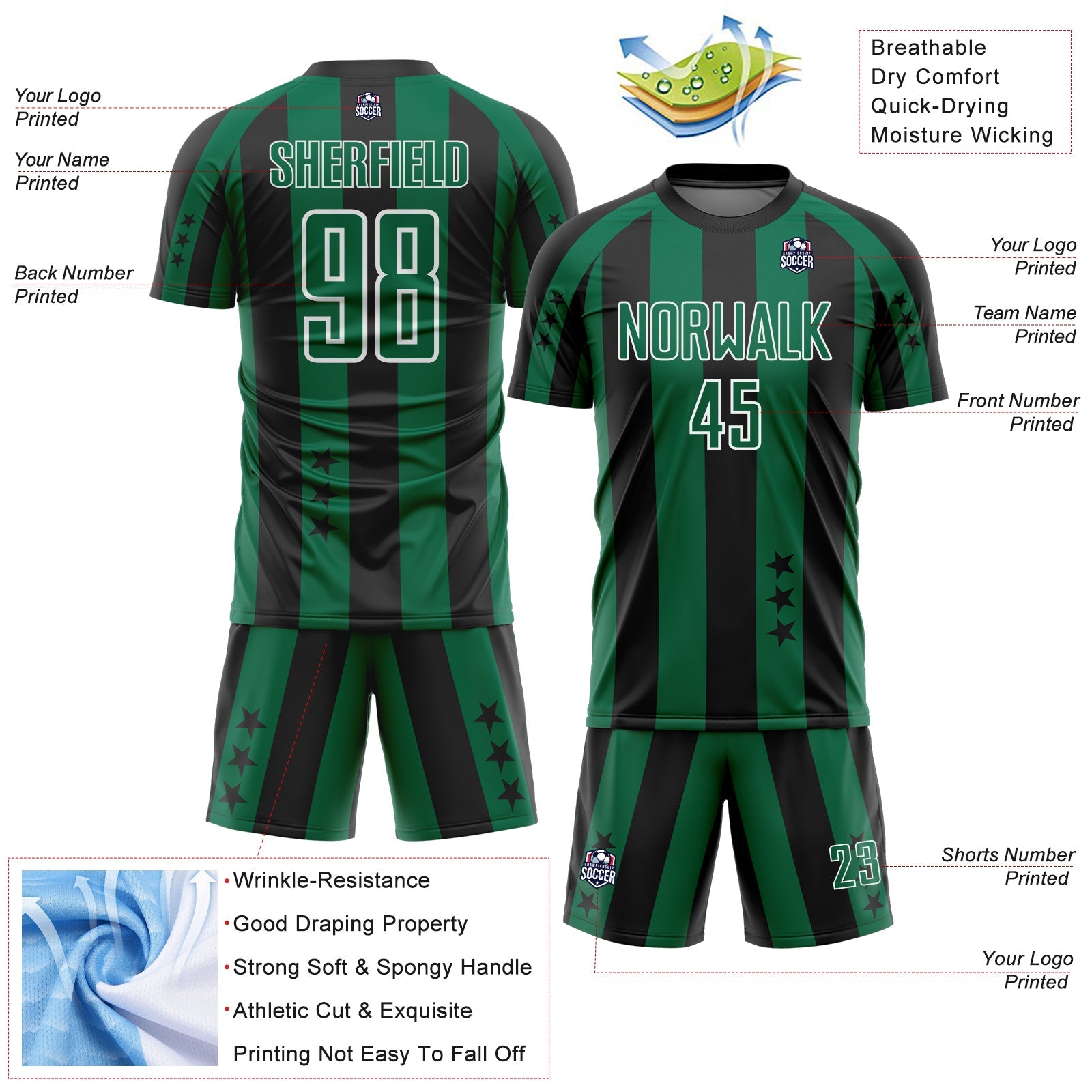 Custom Black Kelly Green-White Stars And Stripes Sports Sublimation Soccer Uniform Jersey view 4