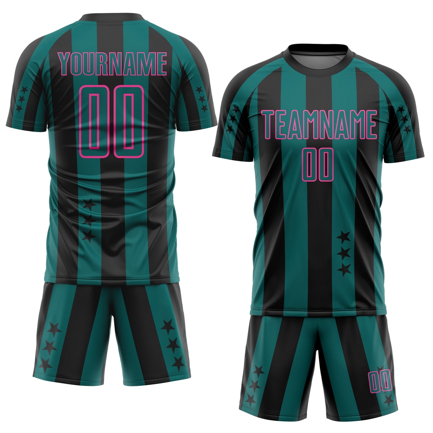 Custom Black Teal-Pink Stars And Stripes Sports Sublimation Soccer Uniform Jersey view 2