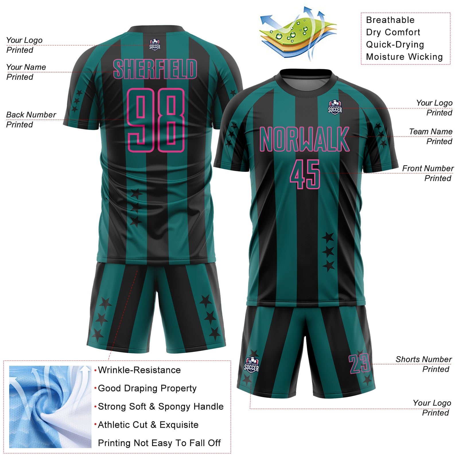 Custom Black Teal-Pink Stars And Stripes Sports Sublimation Soccer Uniform Jersey view 4