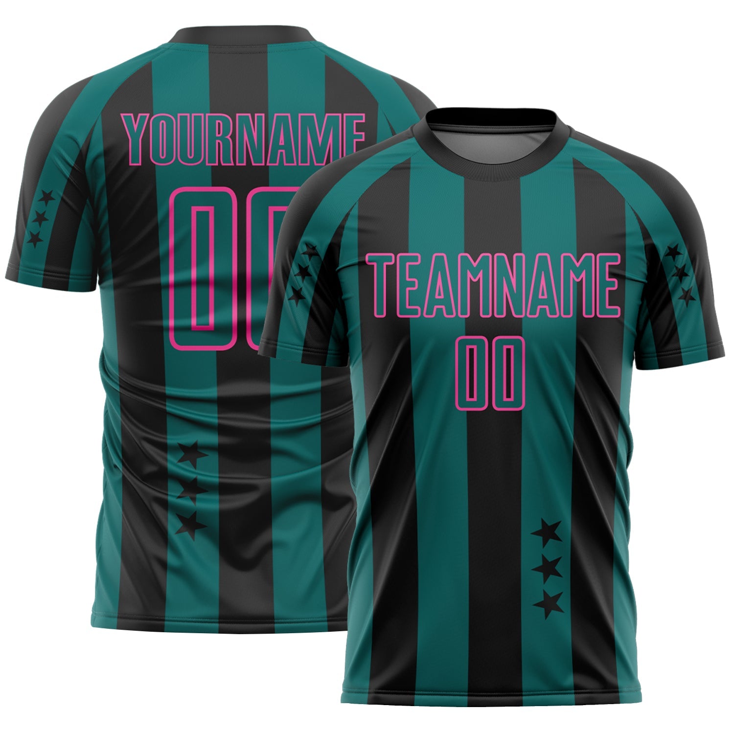 Custom Black Teal-Pink Stars And Stripes Sports Sublimation Soccer Uniform Jersey - Main View