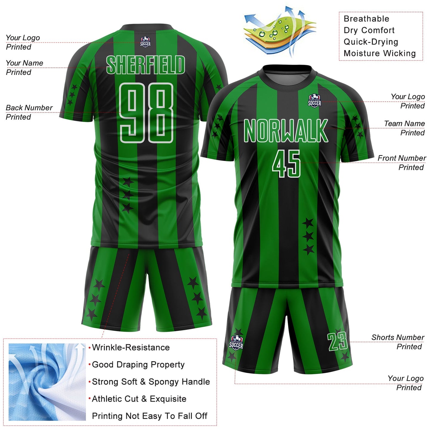 Custom Black Grass Green-White Stars And Stripes Sports Sublimation Soccer Uniform Jersey view 4