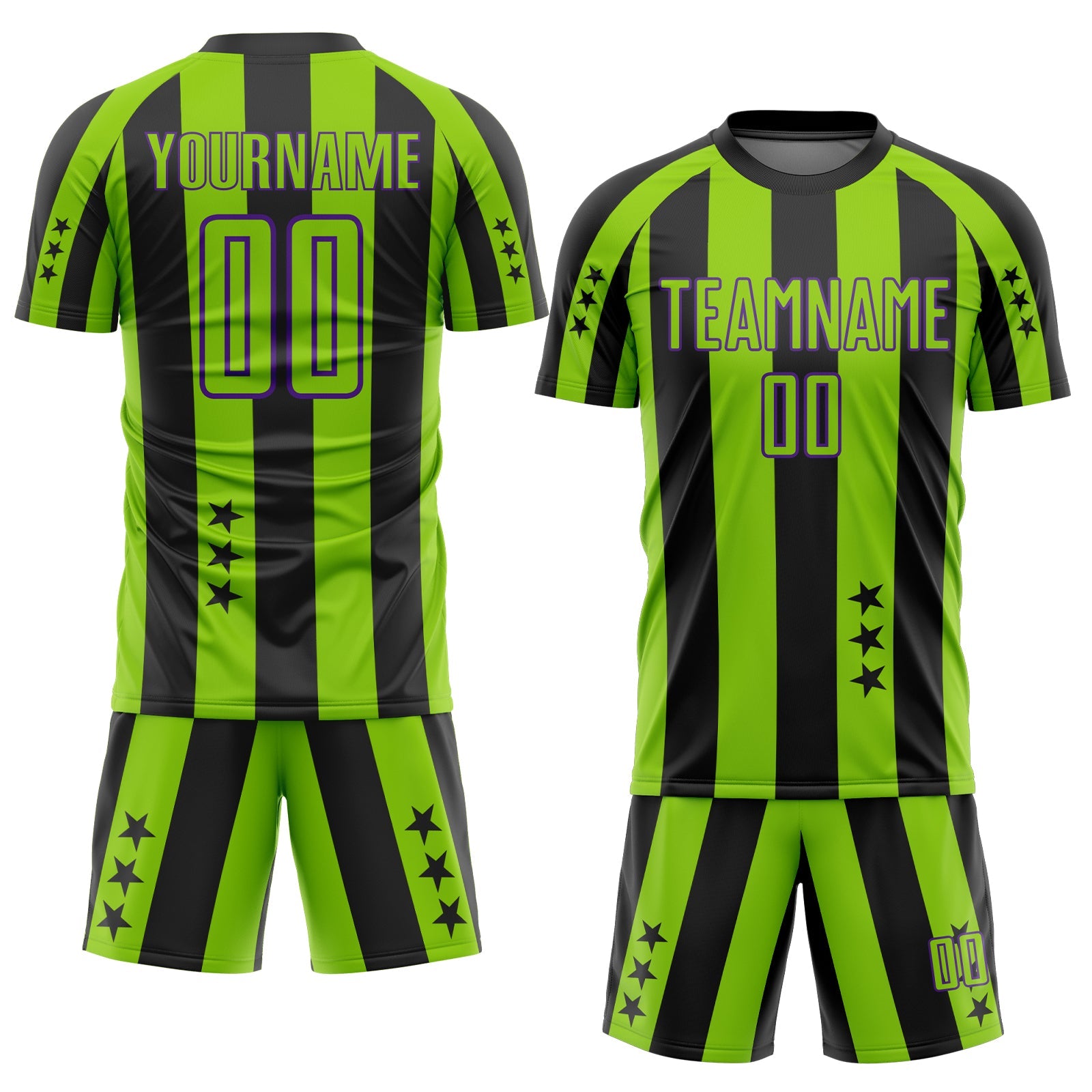 Custom Black Neon Green-Purple Stars And Stripes Sports Sublimation Soccer Uniform Jersey view 2