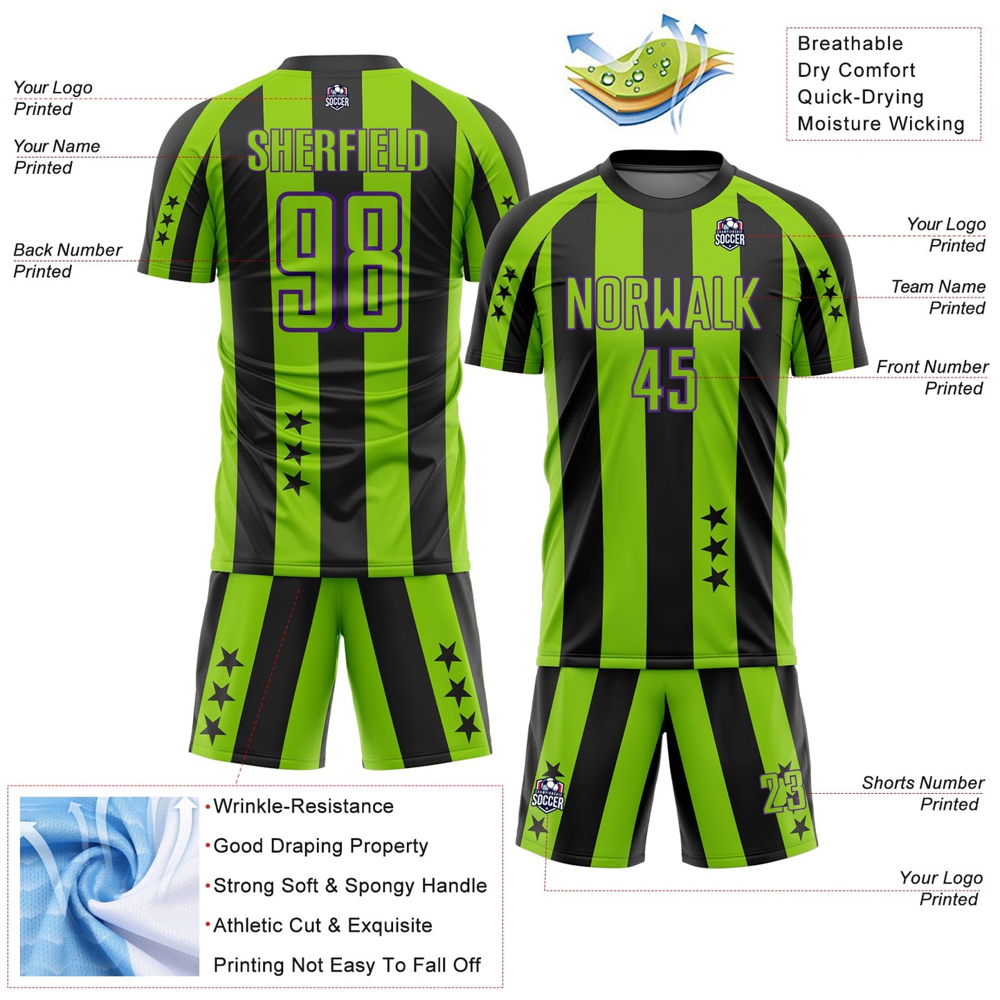 Custom Black Neon Green-Purple Stars And Stripes Sports Sublimation Soccer Uniform Jersey view 4