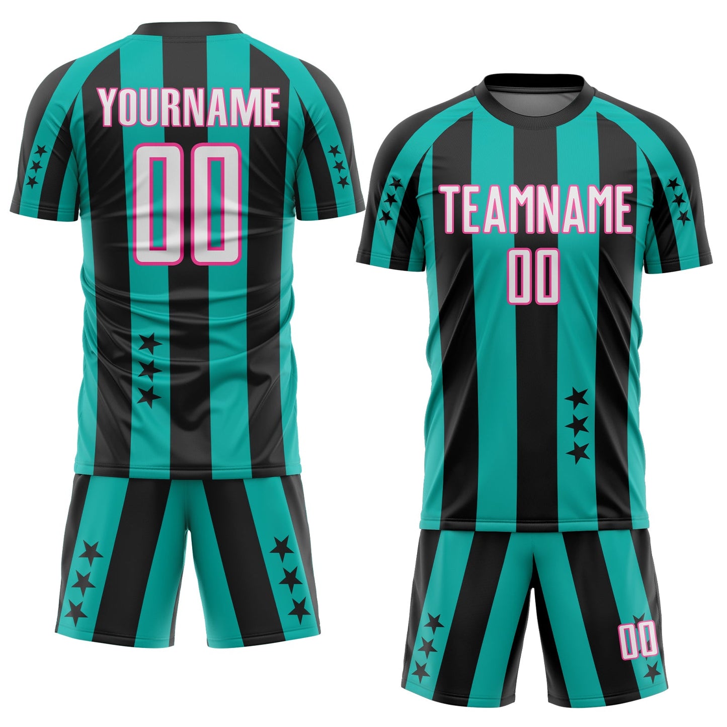 Custom Black White Aqua-Pink Stars And Stripes Sports Sublimation Soccer Uniform Jersey view 2