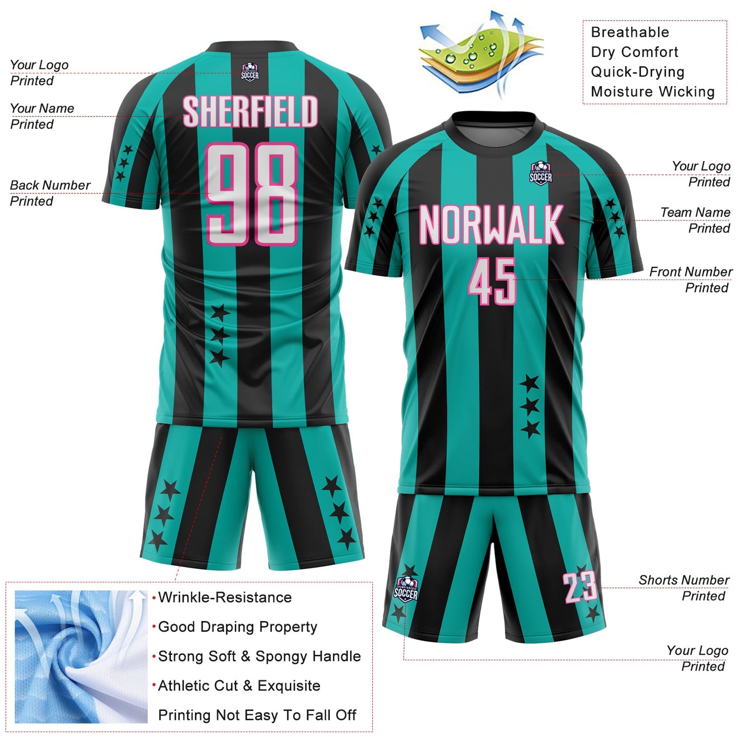 Custom Black White Aqua-Pink Stars And Stripes Sports Sublimation Soccer Uniform Jersey view 4
