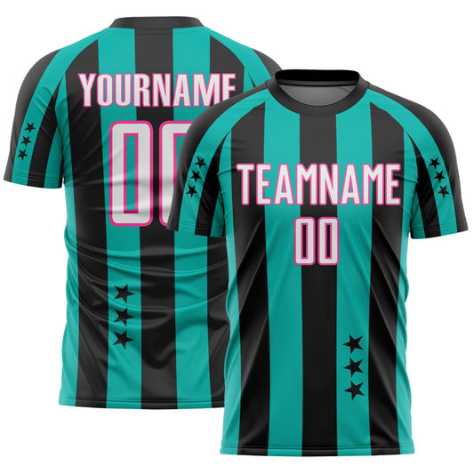 Custom Black White Aqua-Pink Stars And Stripes Sports Sublimation Soccer Uniform Jersey - Main View