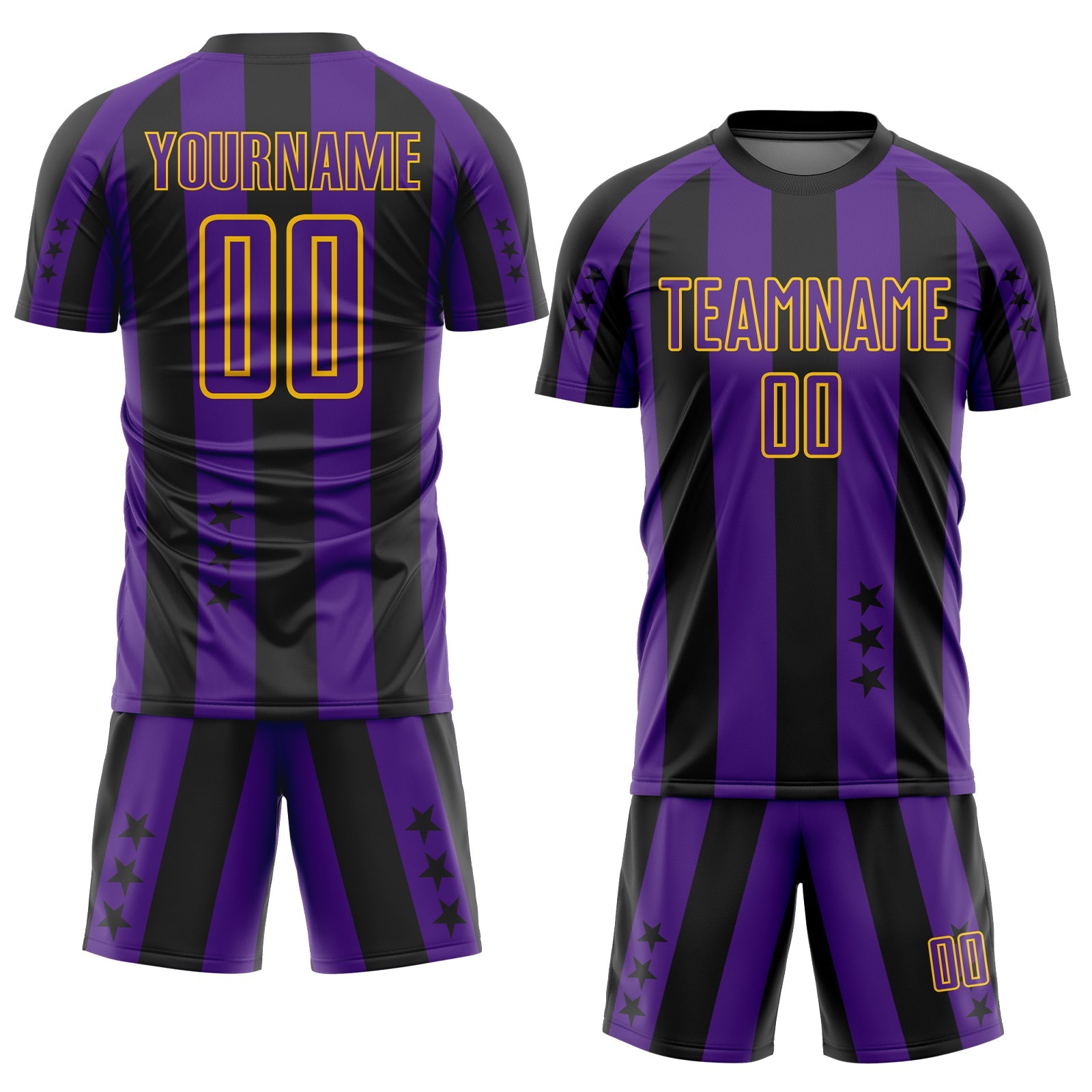Custom Black Purple-Yellow Stars And Stripes Sports Sublimation Soccer Uniform Jersey view 2