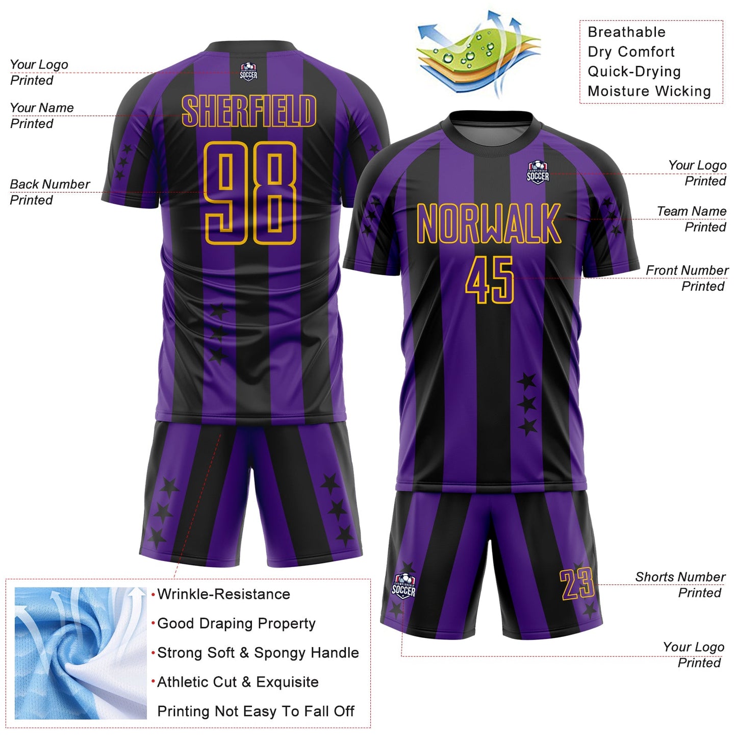 Custom Black Purple-Yellow Stars And Stripes Sports Sublimation Soccer Uniform Jersey view 4