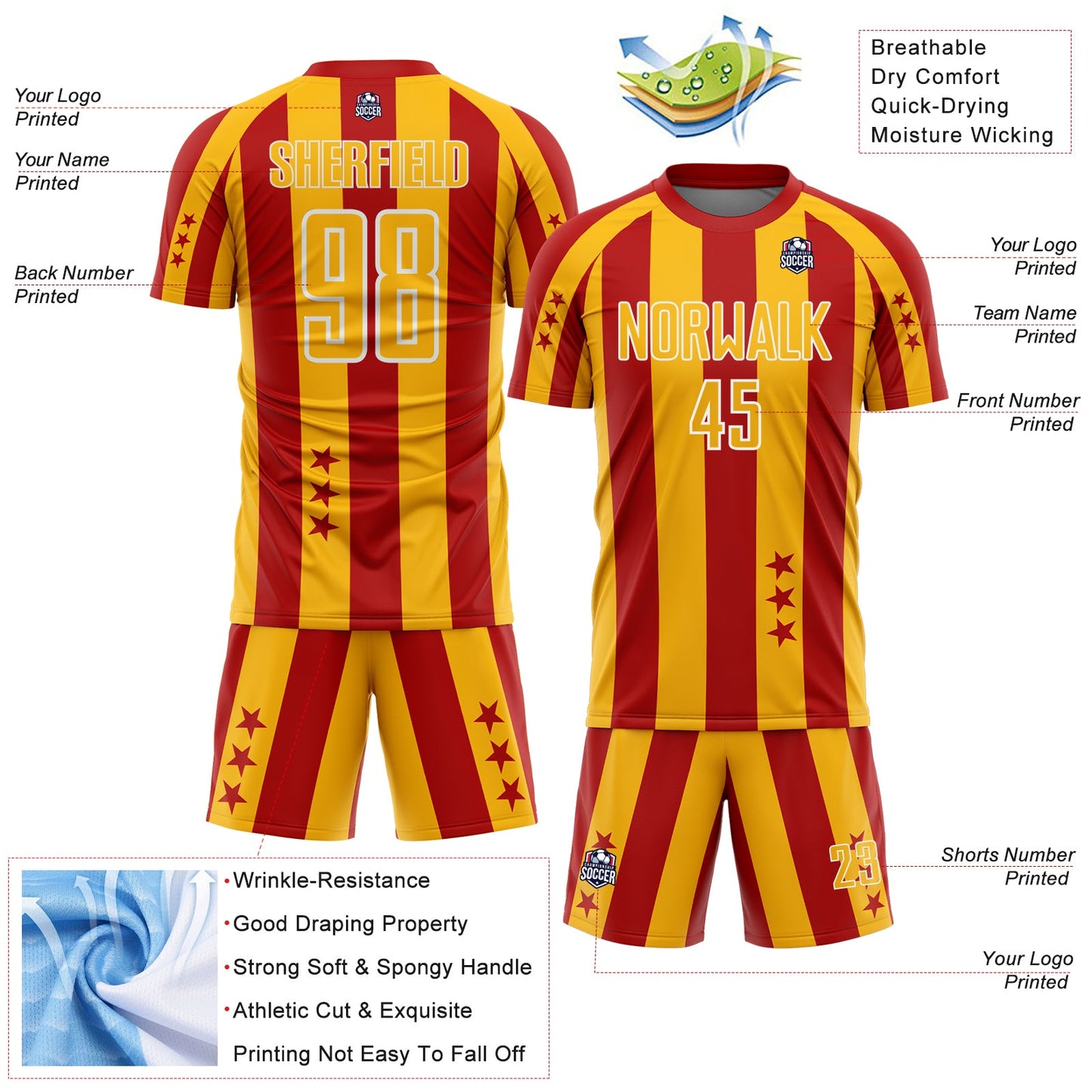 Custom Red Gold-White Stars And Stripes Sports Sublimation Soccer Uniform Jersey view 4