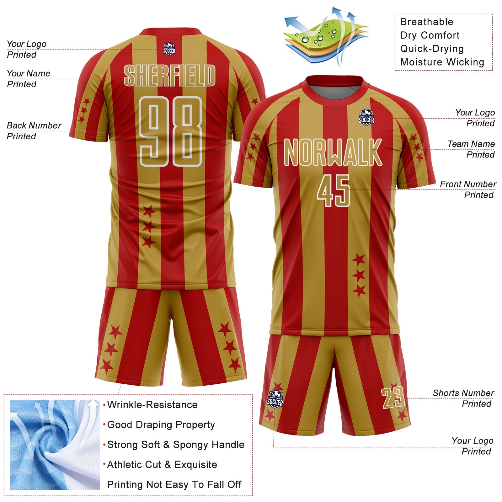 Custom Red Old Gold-White Stars And Stripes Sports Sublimation Soccer Uniform Jersey view 4