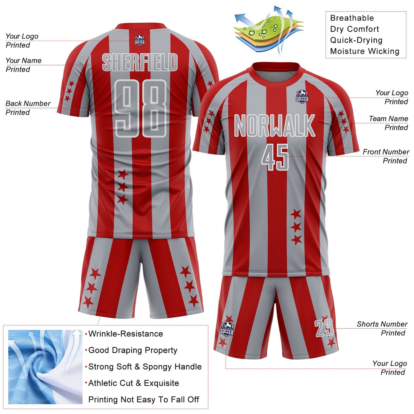Custom Red Gray-White Stars And Stripes Sports Sublimation Soccer Uniform Jersey view 4