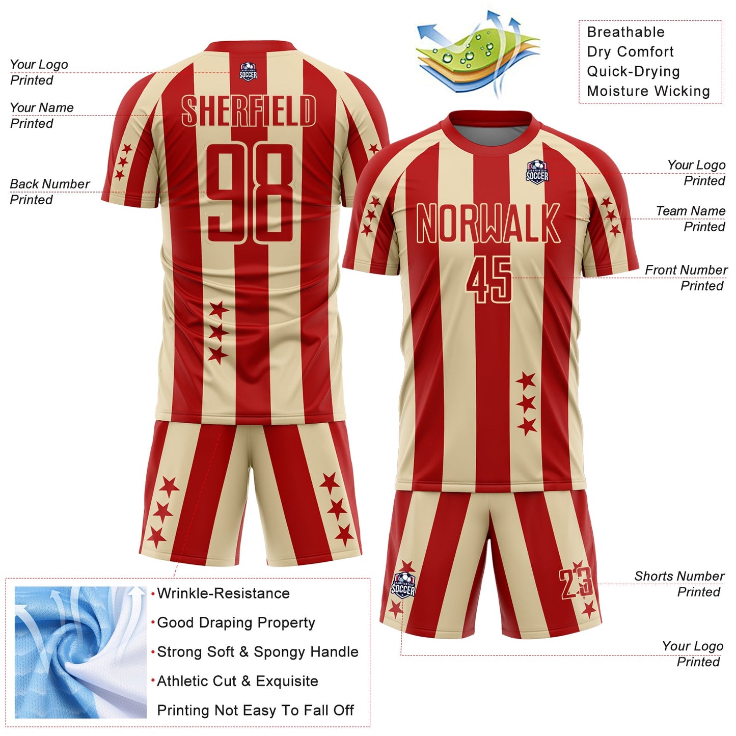 Custom Red Cream Stars And Stripes Sports Sublimation Soccer Uniform Jersey view 4