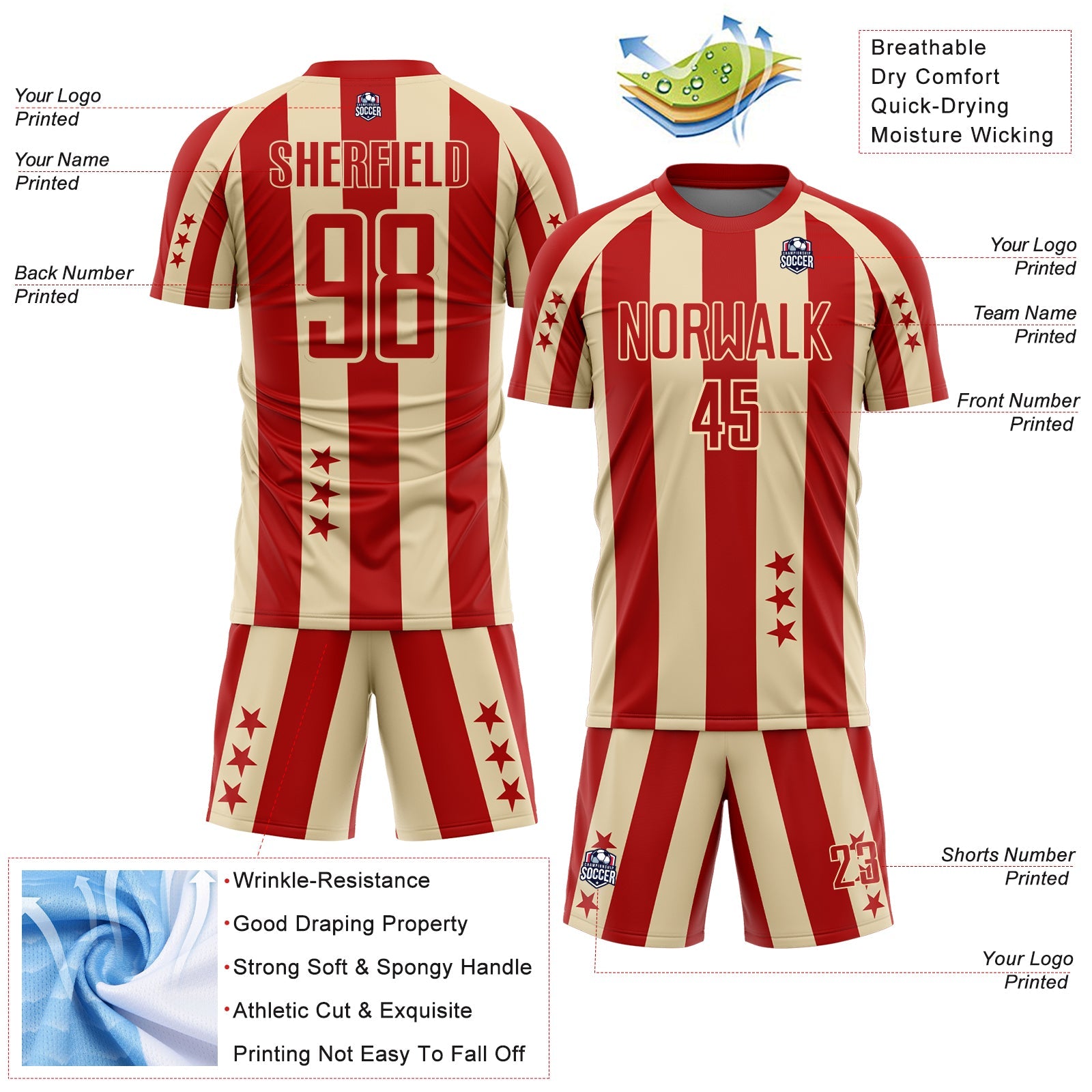 Custom Red Cream Stars And Stripes Sports Sublimation Soccer Uniform Jersey view 4