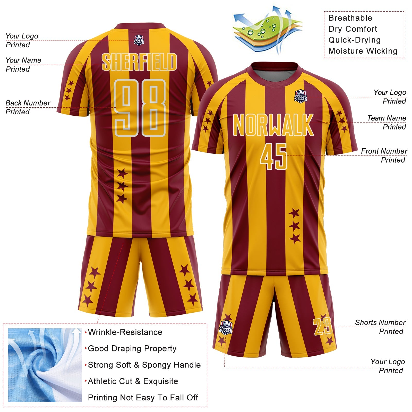 Custom Crimson Gold-White Stars And Stripes Sports Sublimation Soccer Uniform Jersey view 4