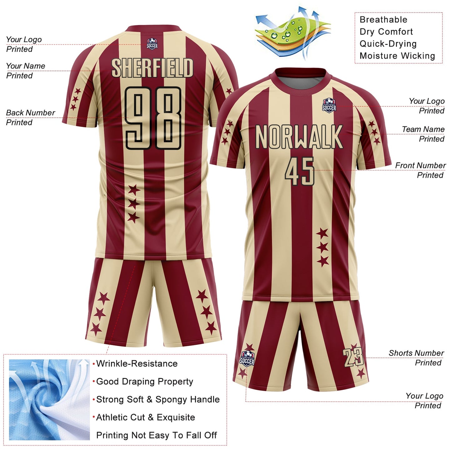 Custom Crimson Cream-Black Stars And Stripes Sports Sublimation Soccer Uniform Jersey view 4