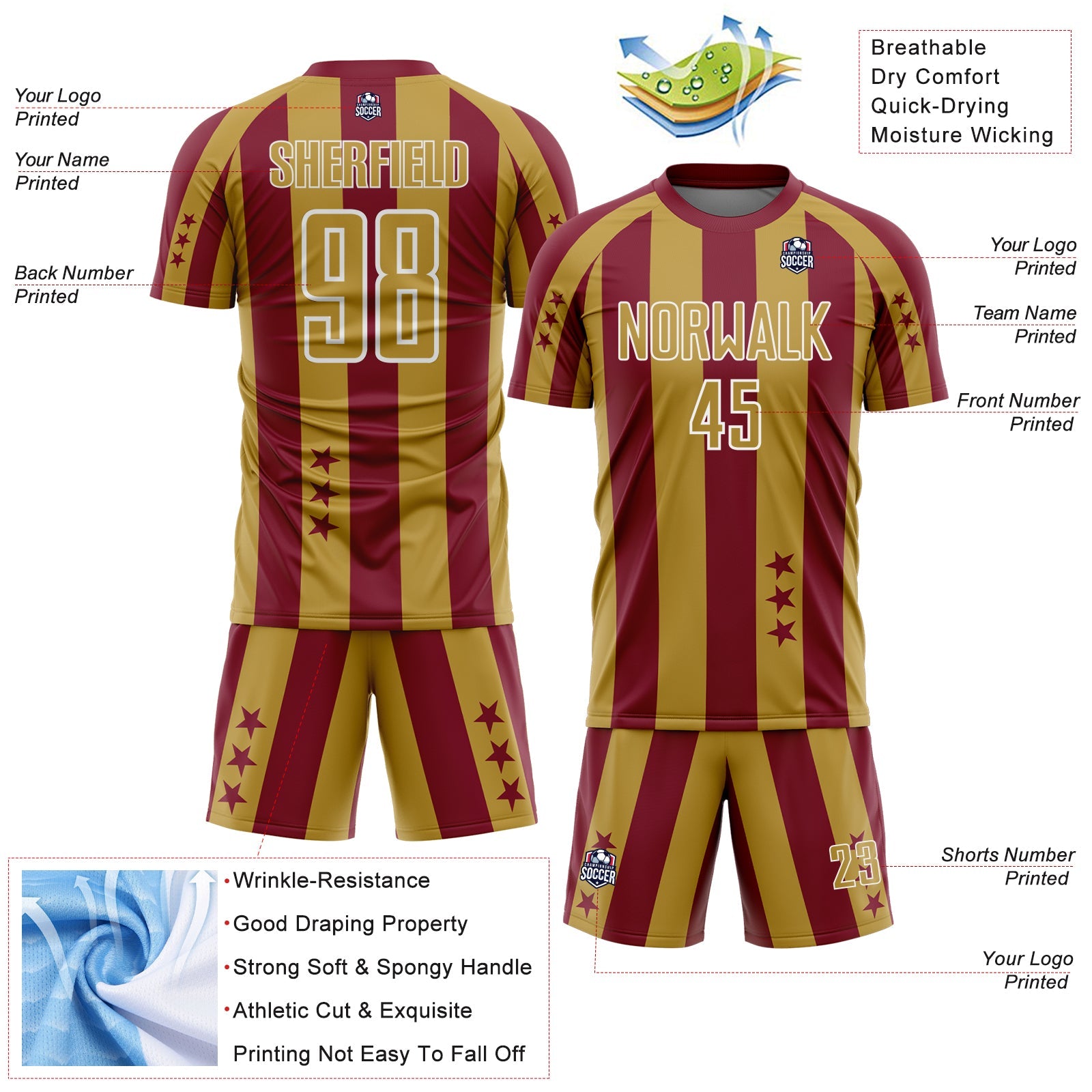 Custom Crimson Old Gold-White Stars And Stripes Sports Sublimation Soccer Uniform Jersey view 4