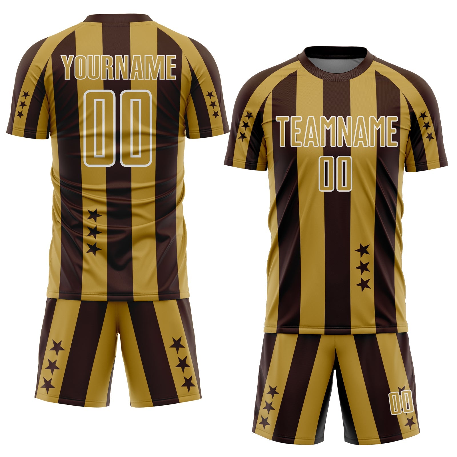 Custom Brown Old Gold-White Stars And Stripes Sports Sublimation Soccer Uniform Jersey view 2