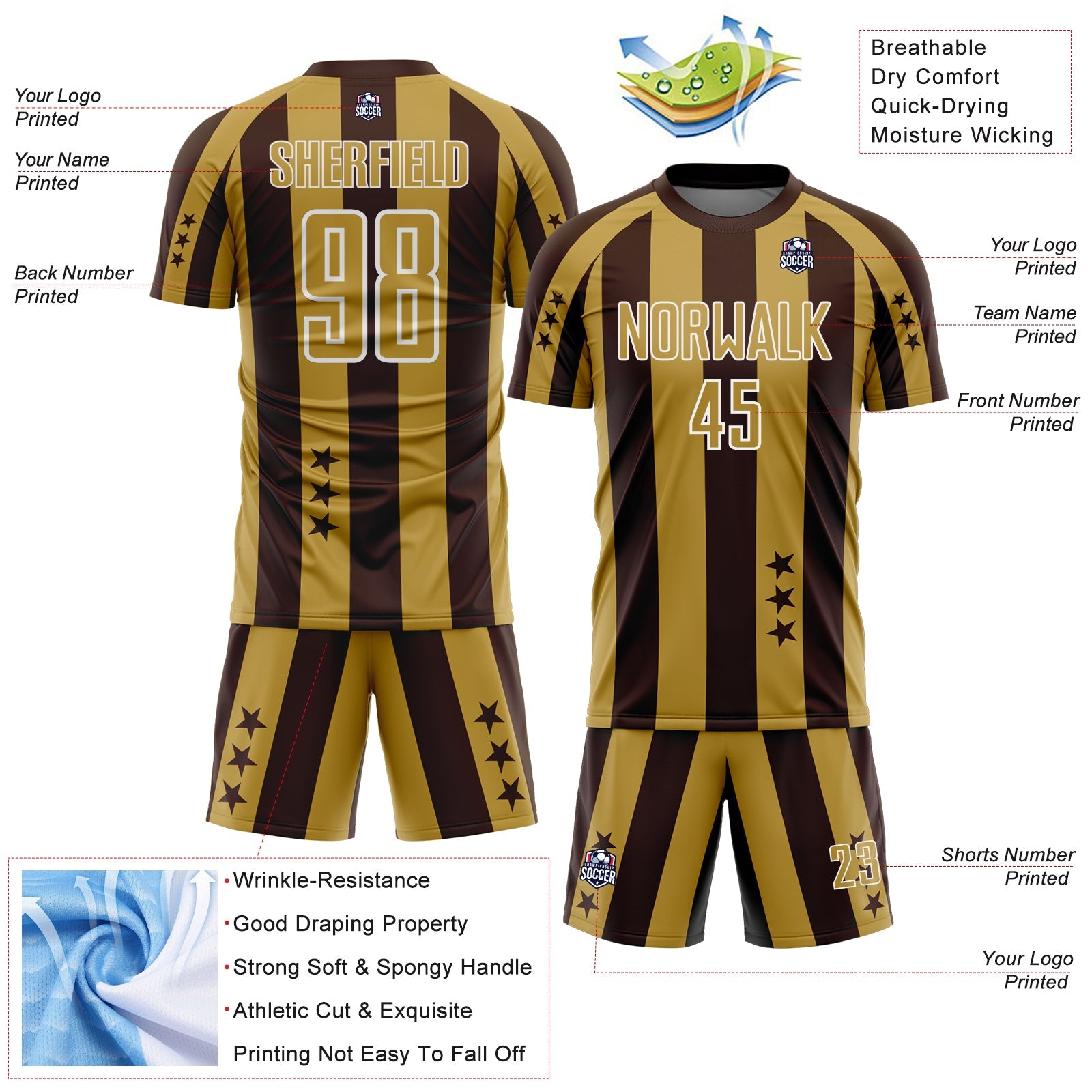 Custom Brown Old Gold-White Stars And Stripes Sports Sublimation Soccer Uniform Jersey view 4