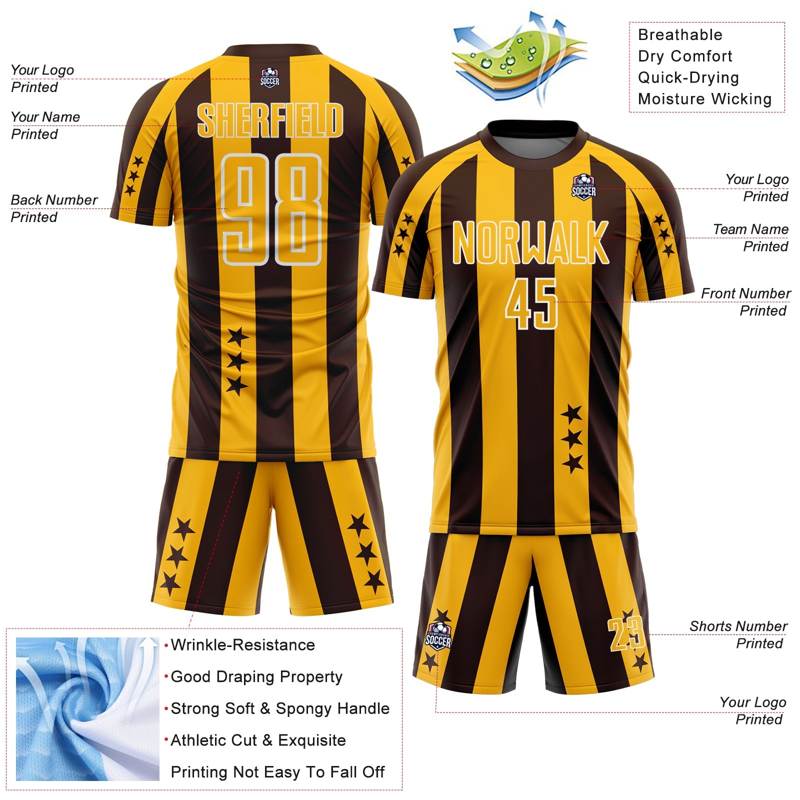 Custom Brown Gold-White Stars And Stripes Sports Sublimation Soccer Uniform Jersey view 4