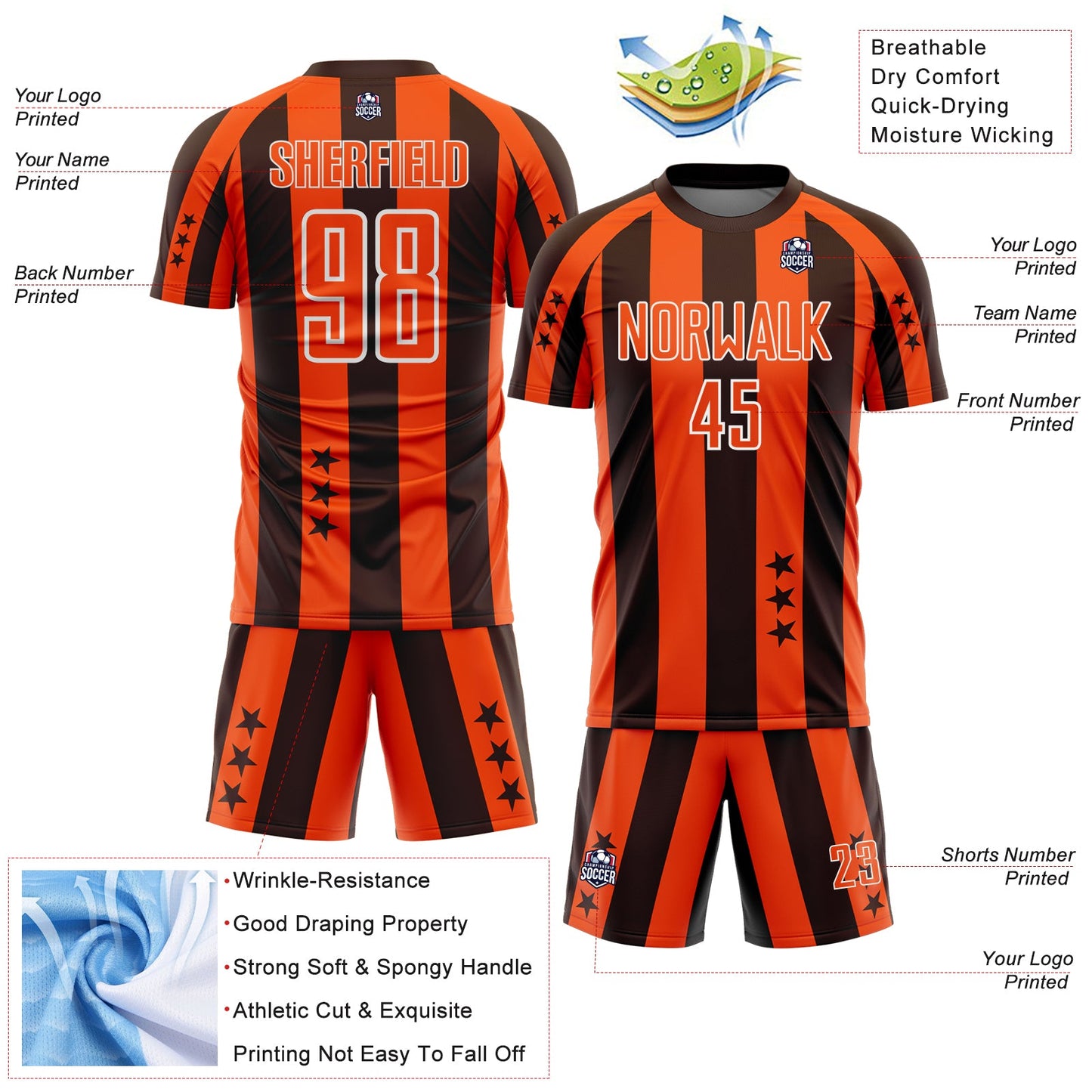 Custom Brown Orange-White Stars And Stripes Sports Sublimation Soccer Uniform Jersey view 4