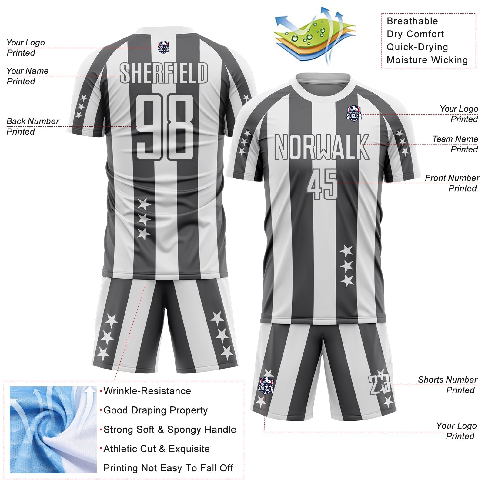 Custom White Steel Gray Stars And Stripes Sports Sublimation Soccer Uniform Jersey view 4