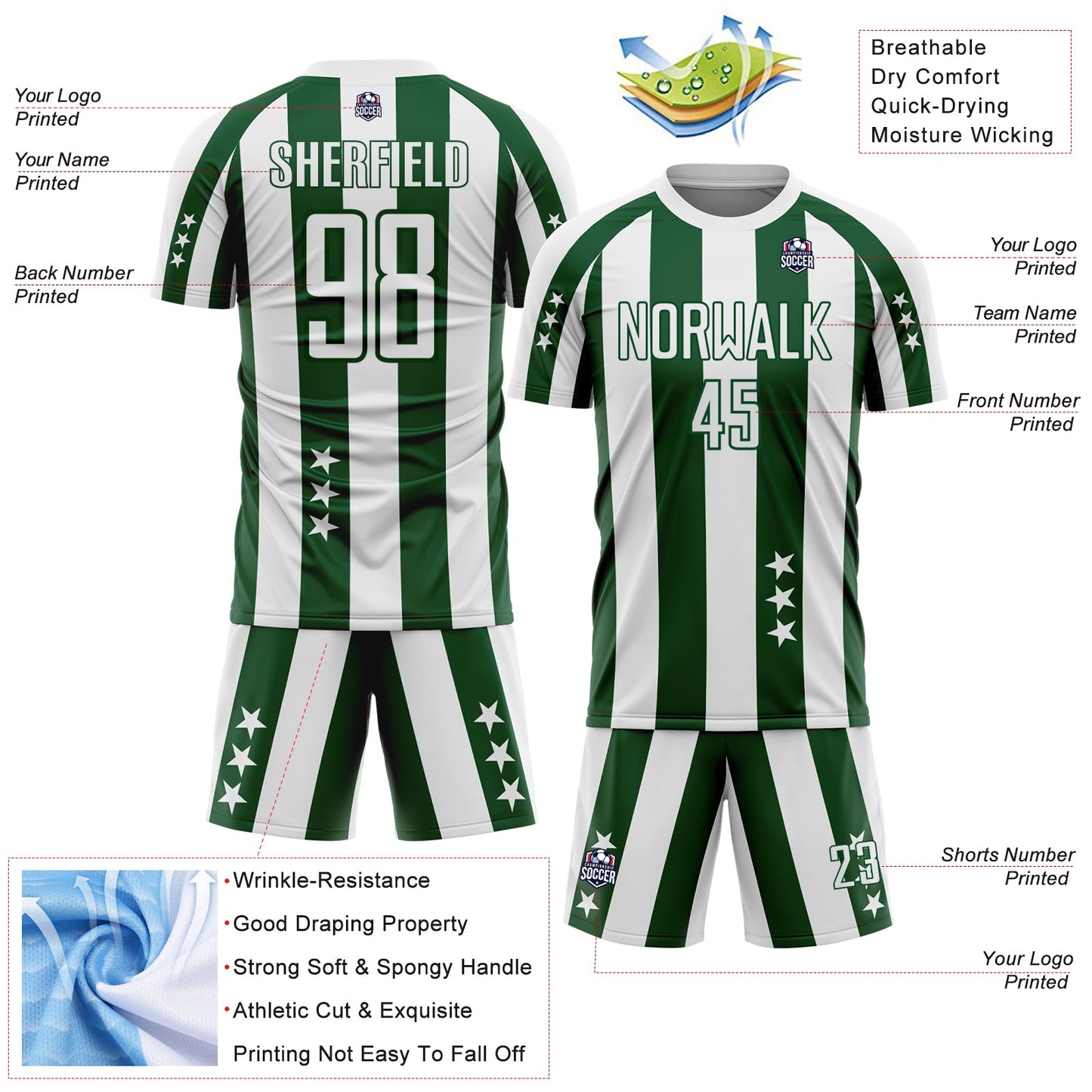 Custom White Green Stars And Stripes Sports Sublimation Soccer Uniform Jersey view 4