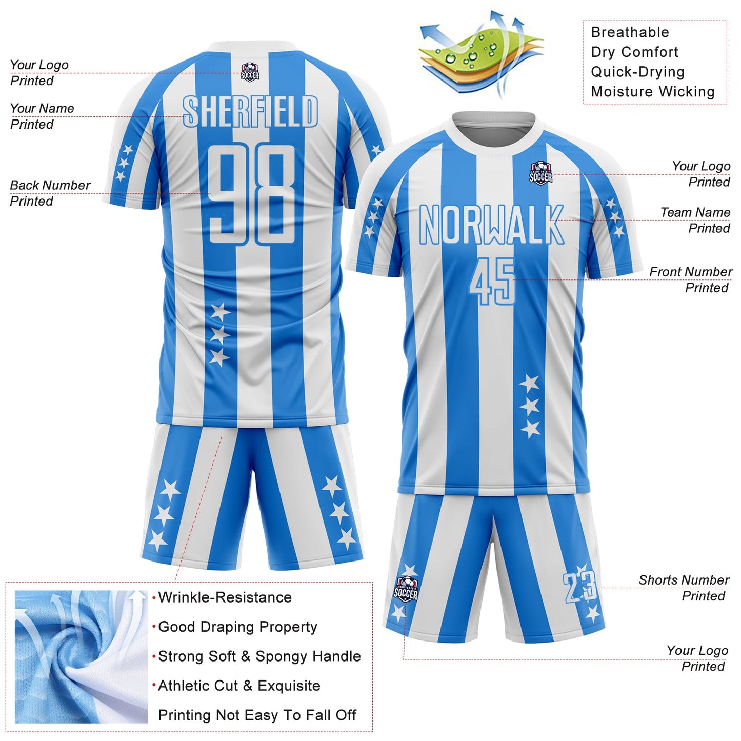 Custom White Powder Blue Stars And Stripes Sports Sublimation Soccer Uniform Jersey view 4