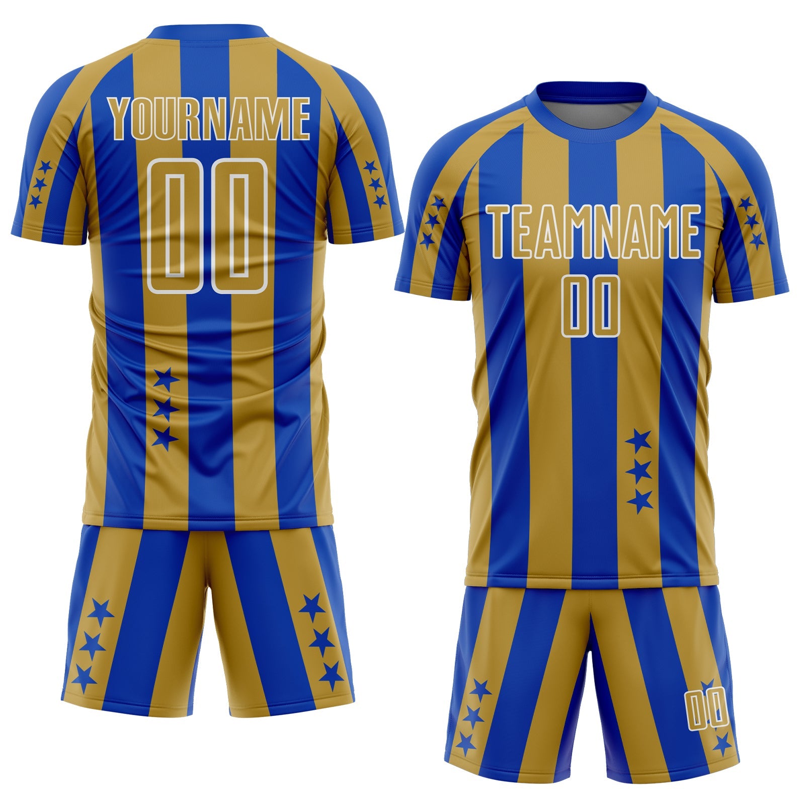 Custom Thunder Blue Old Gold-White Stars And Stripes Sports Sublimation Soccer Uniform Jersey view 2