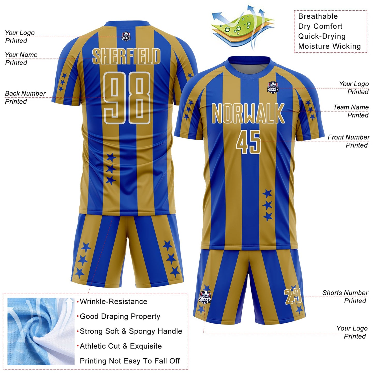 Custom Thunder Blue Old Gold-White Stars And Stripes Sports Sublimation Soccer Uniform Jersey view 4