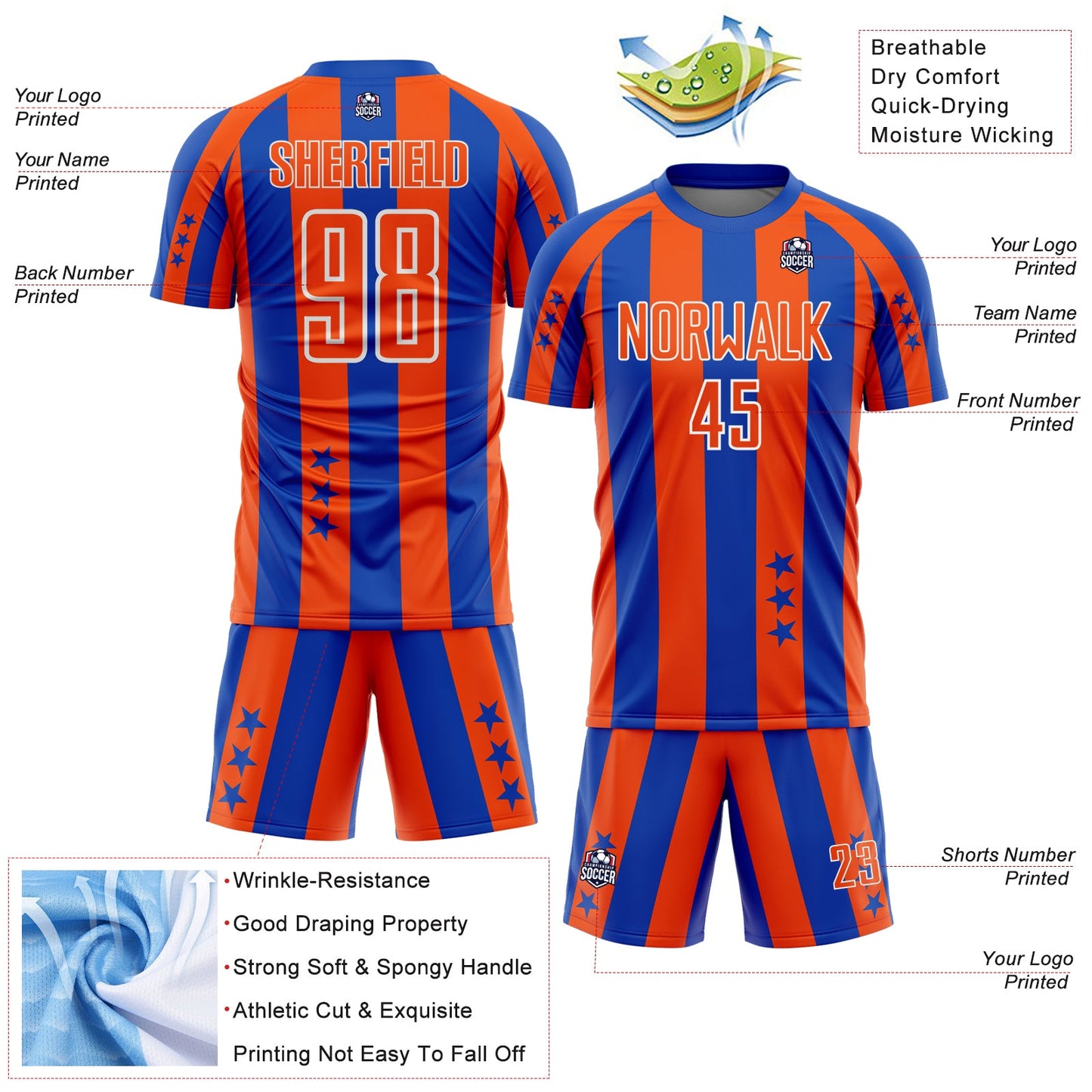 Custom Thunder Blue Orange-White Stars And Stripes Sports Sublimation Soccer Uniform Jersey view 4