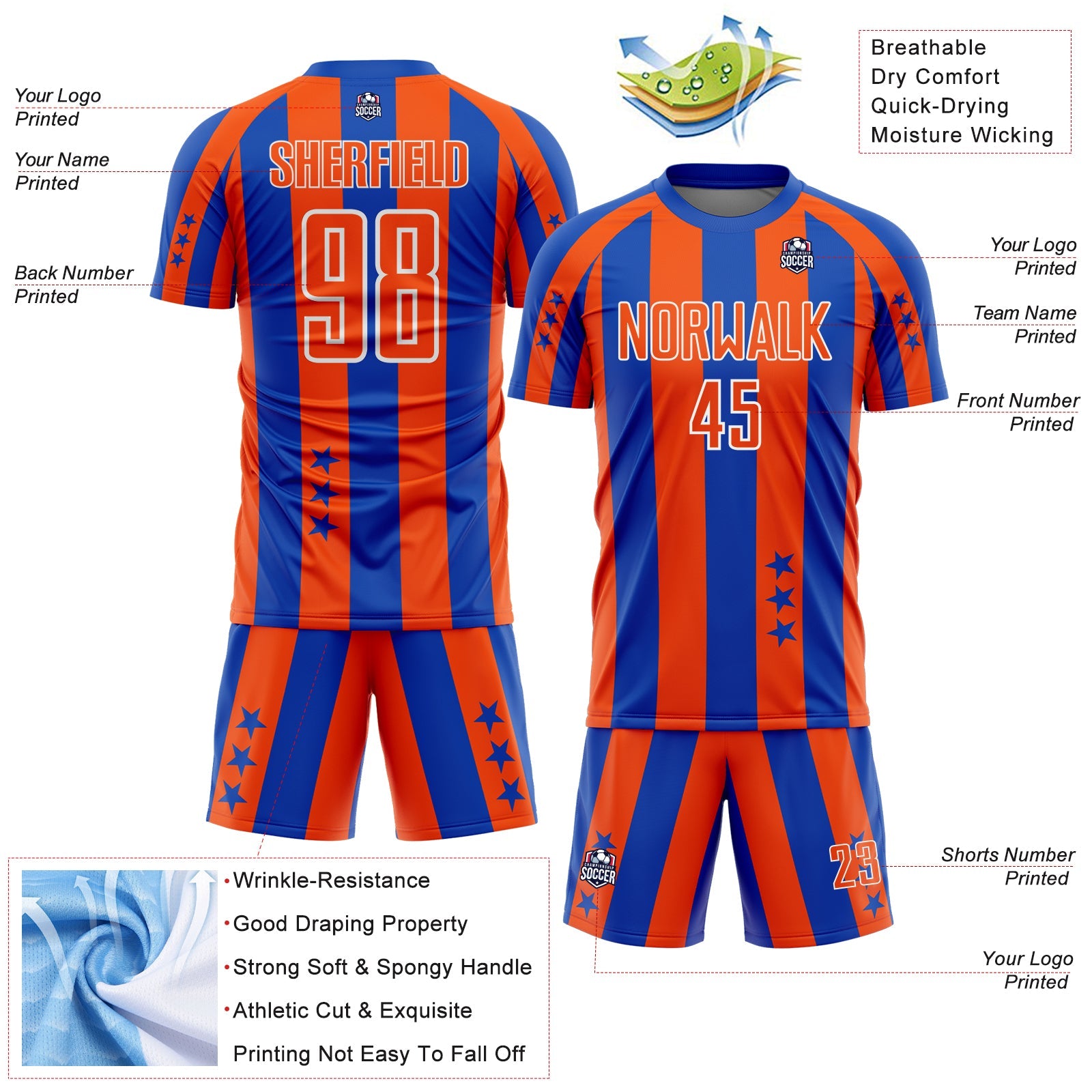Custom Thunder Blue Orange-White Stars And Stripes Sports Sublimation Soccer Uniform Jersey view 4