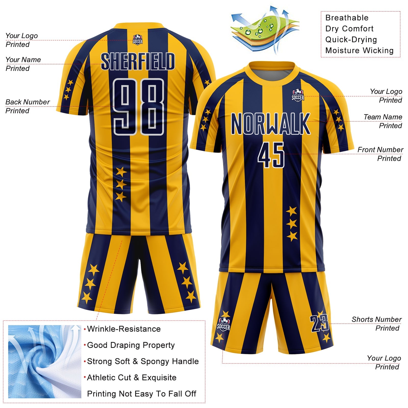 Custom Gold Navy-White Stars And Stripes Sports Sublimation Soccer Uniform Jersey view 4