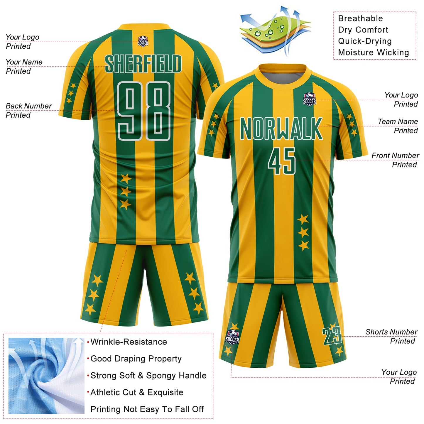 Custom Gold Kelly Green-White Stars And Stripes Sports Sublimation Soccer Uniform Jersey view 4