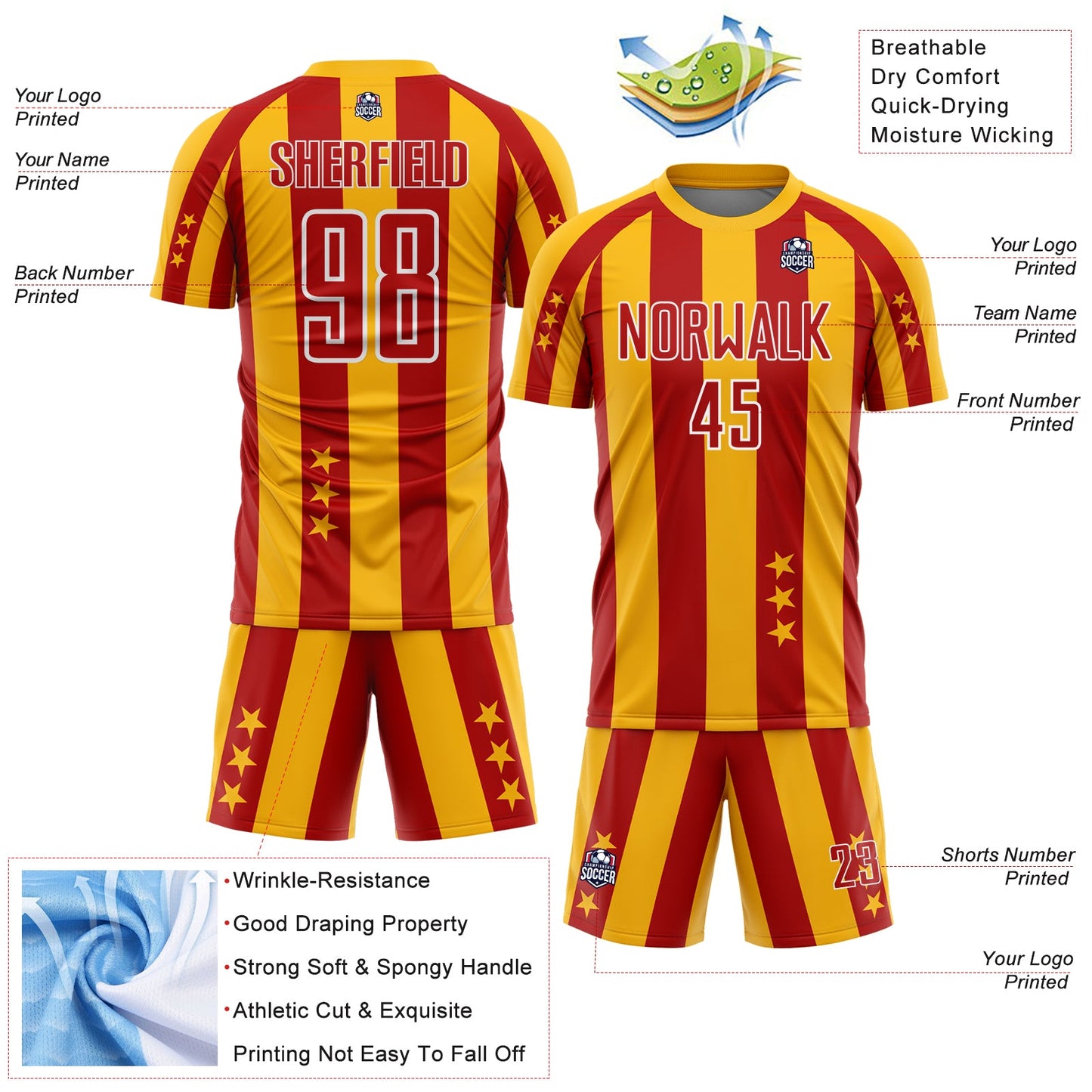 Custom Gold Red-White Stars And Stripes Sports Sublimation Soccer Uniform Jersey view 4