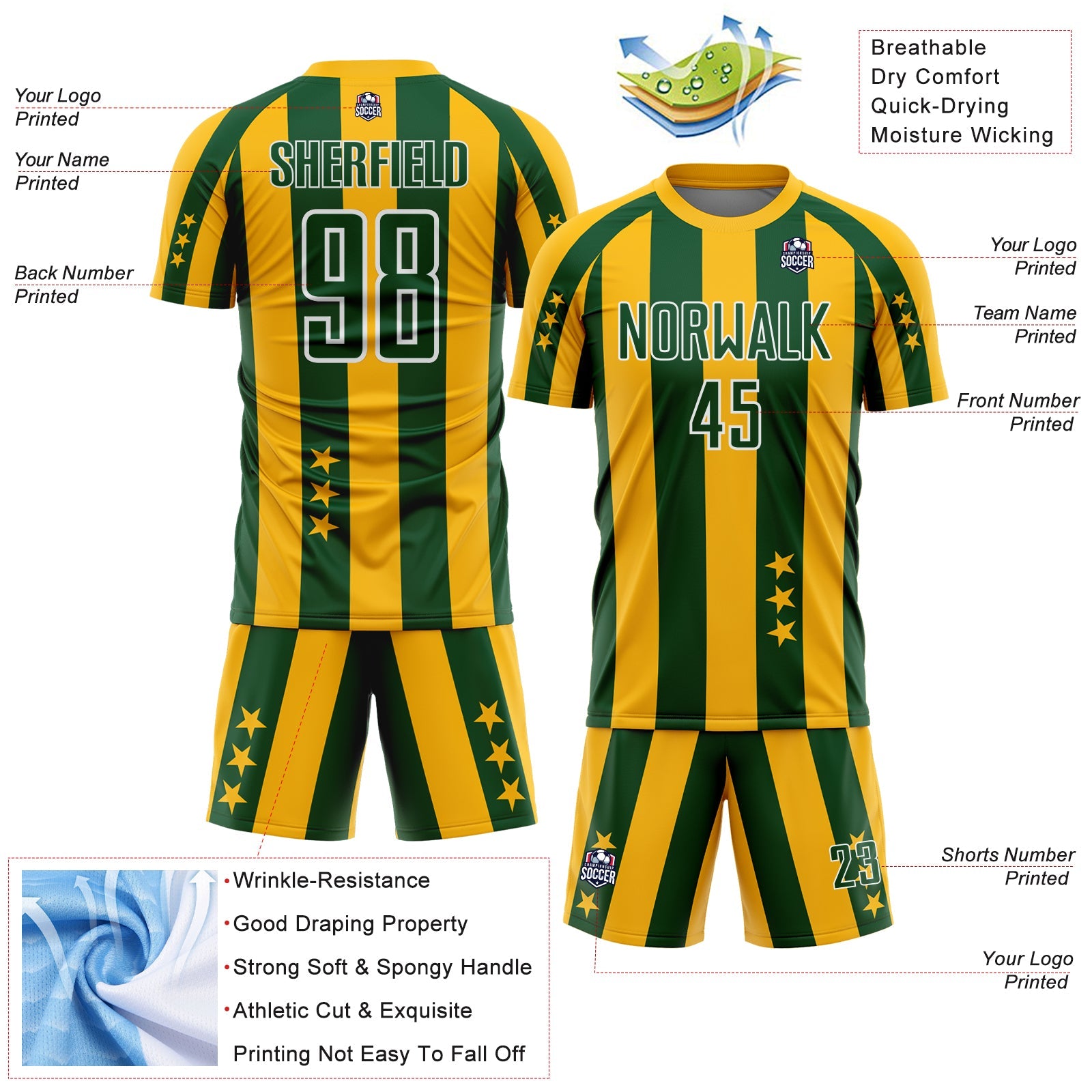 Custom Gold Green-White Stars And Stripes Sports Sublimation Soccer Uniform Jersey view 4