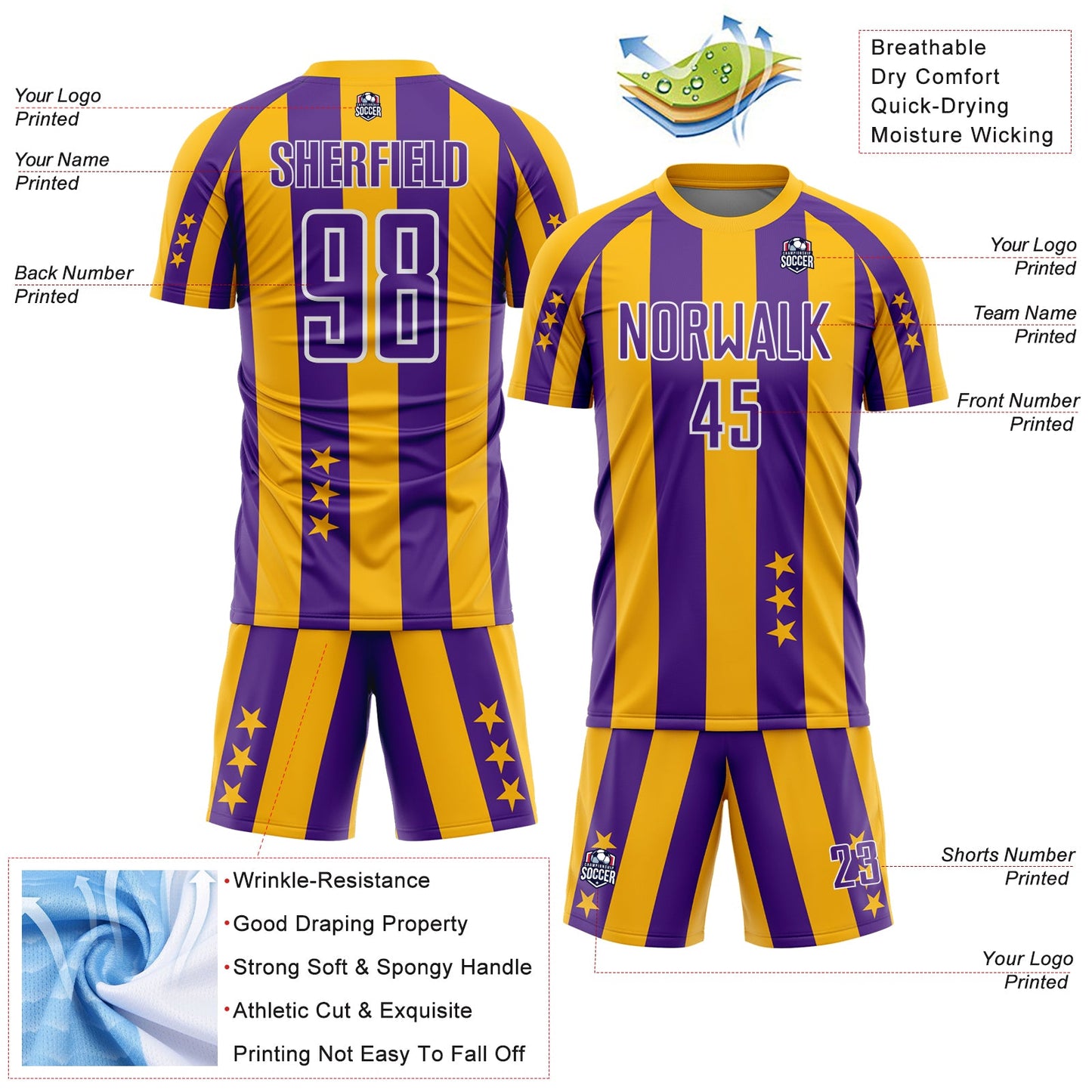 Custom Gold Purple-White Stars And Stripes Sports Sublimation Soccer Uniform Jersey view 4