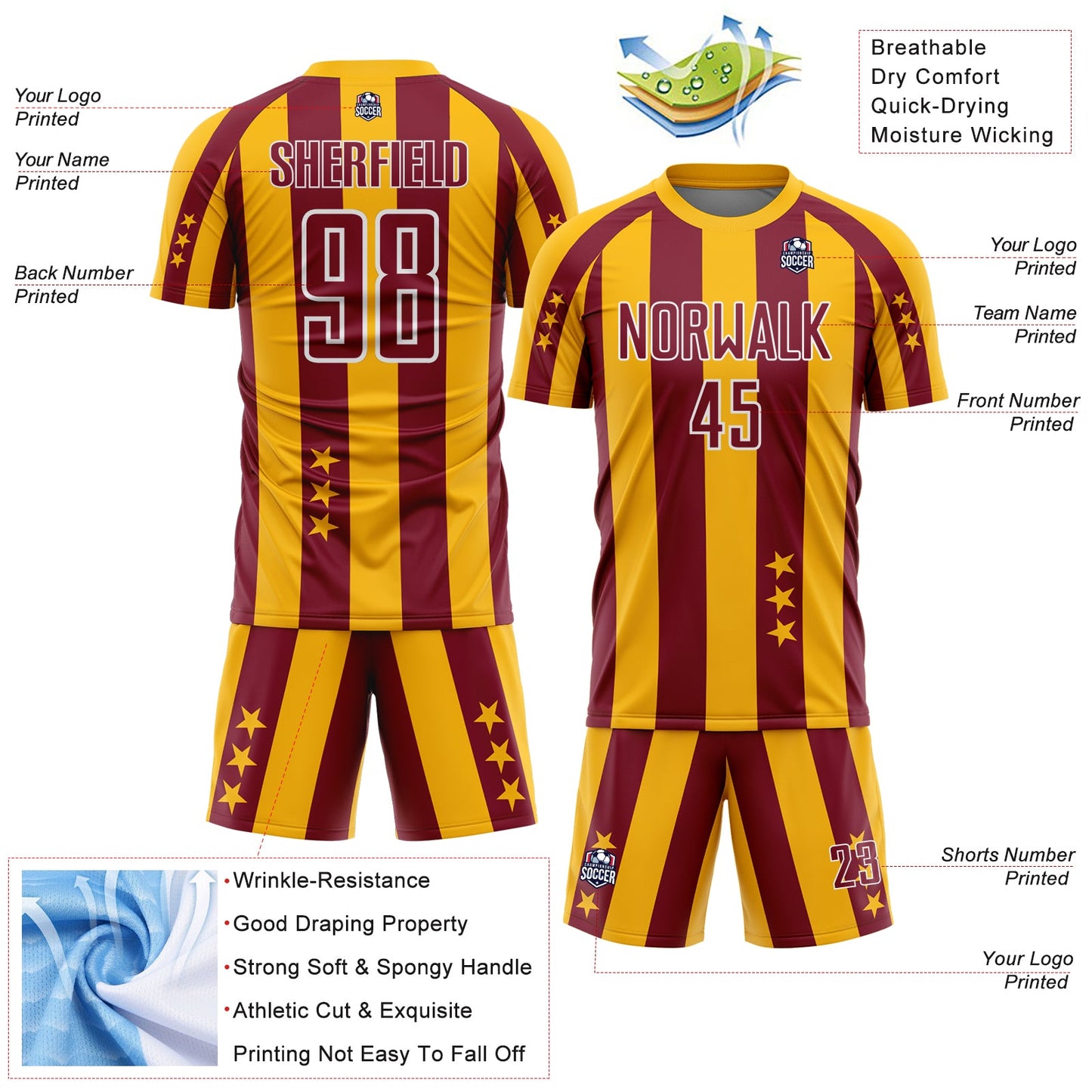 Custom Gold Crimson-White Stars And Stripes Sports Sublimation Soccer Uniform Jersey view 4