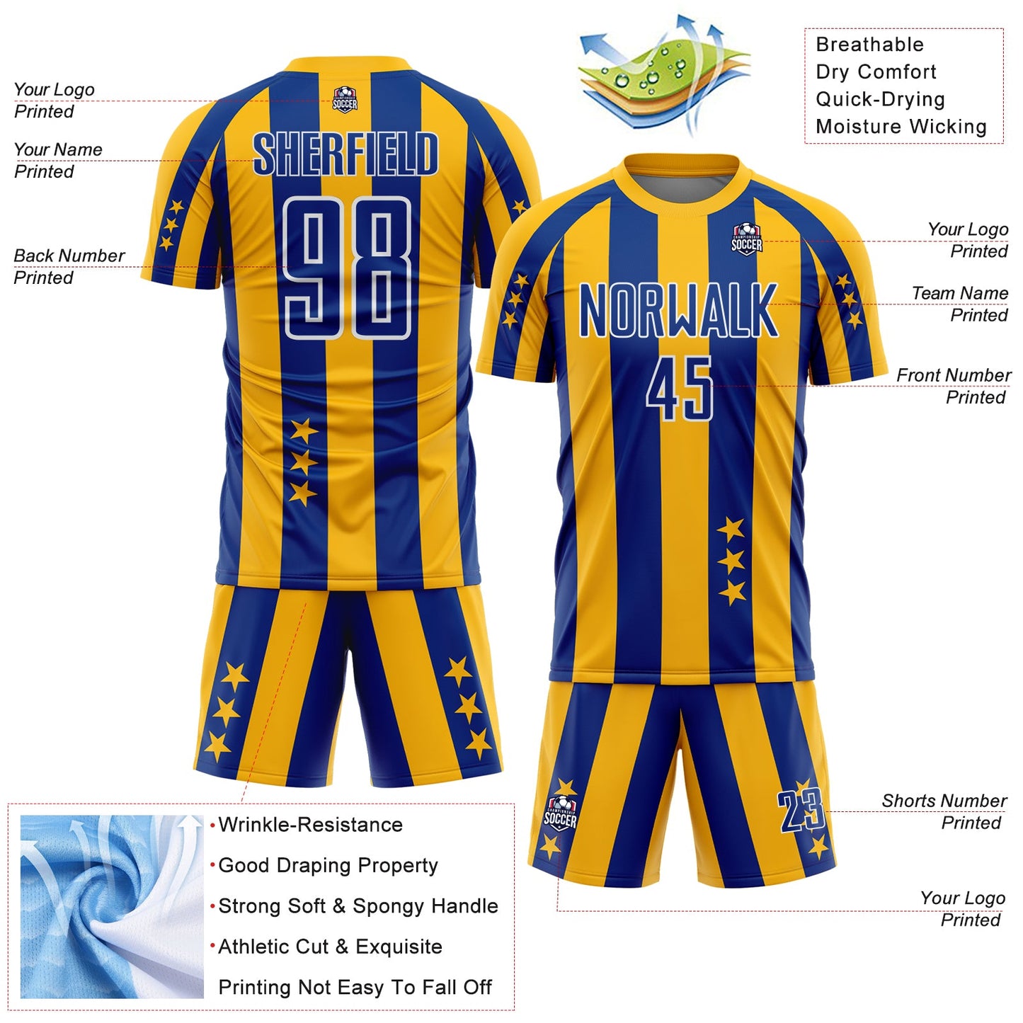 Custom Gold Royal-White Stars And Stripes Sports Sublimation Soccer Uniform Jersey view 4