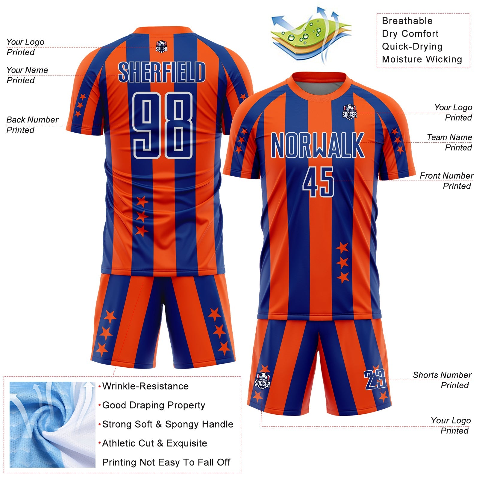 Custom Orange Royal-White Stars And Stripes Sports Sublimation Soccer Uniform Jersey view 4