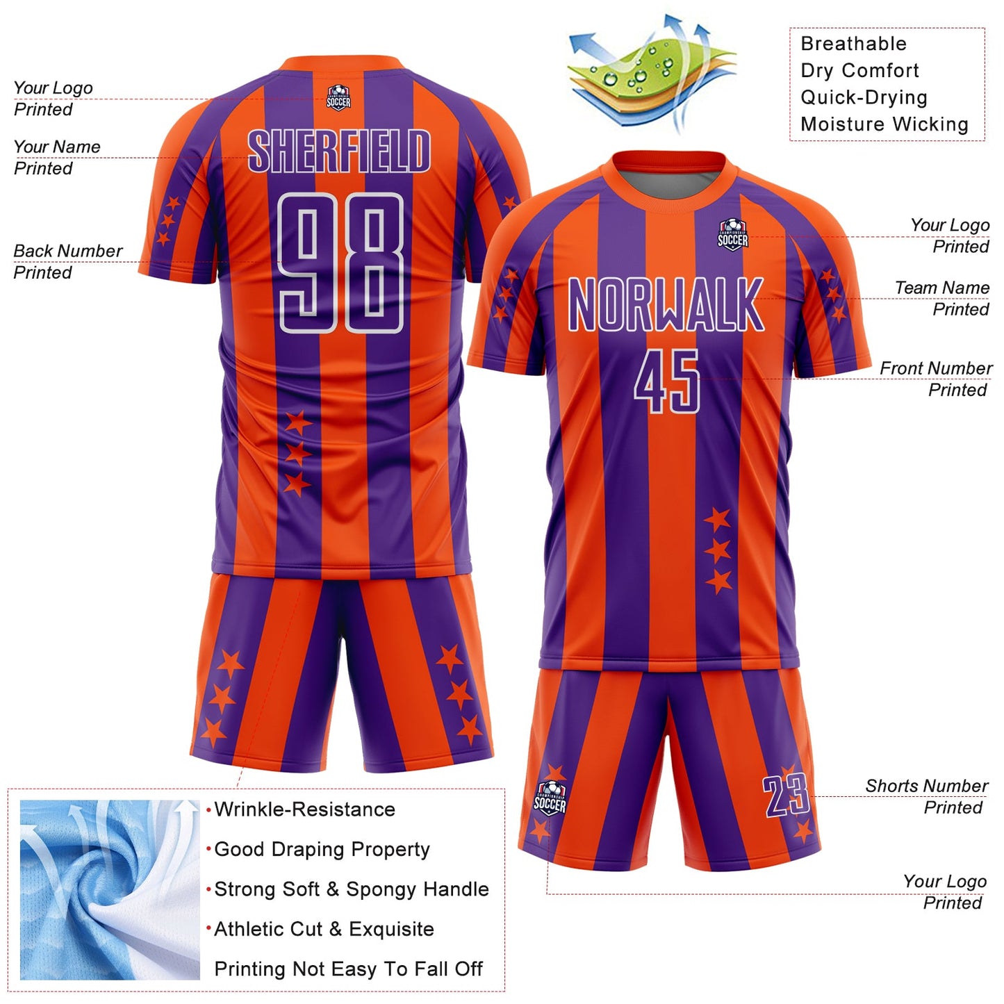 Custom Orange Purple-White Stars And Stripes Sports Sublimation Soccer Uniform Jersey view 4
