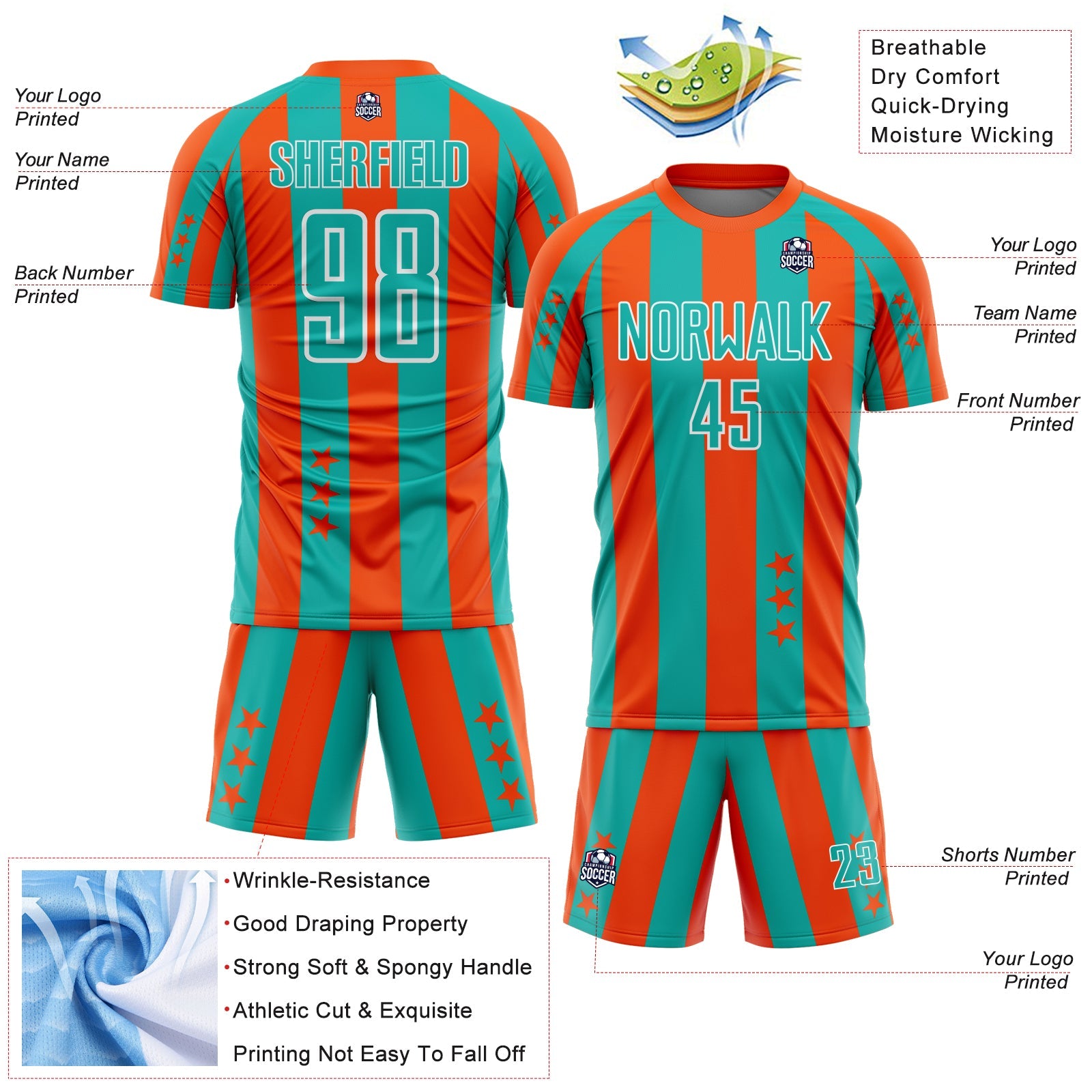 Custom Orange Aqua-White Stars And Stripes Sports Sublimation Soccer Uniform Jersey view 4