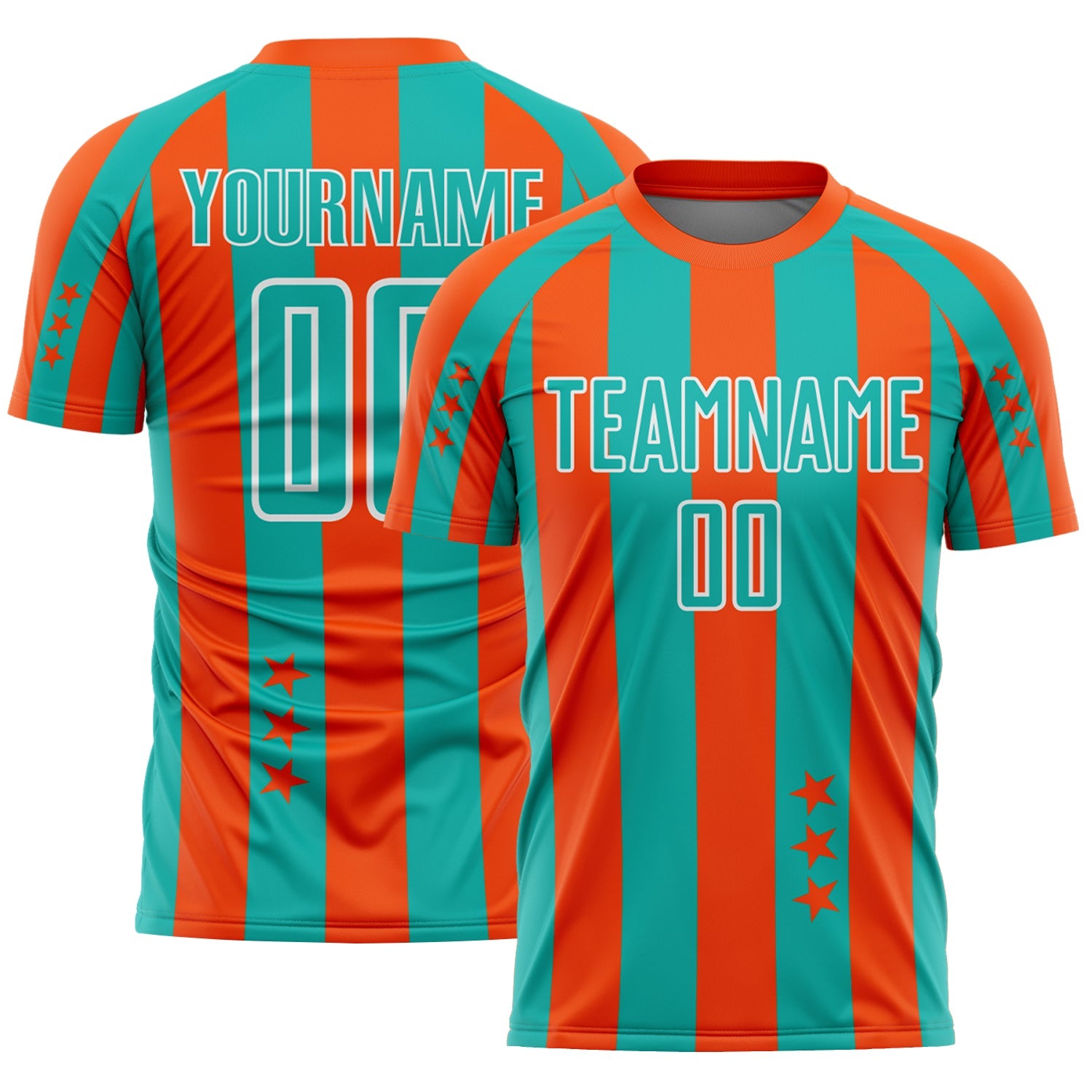 Custom Orange Aqua-White Stars And Stripes Sports Sublimation Soccer Uniform Jersey - Main View