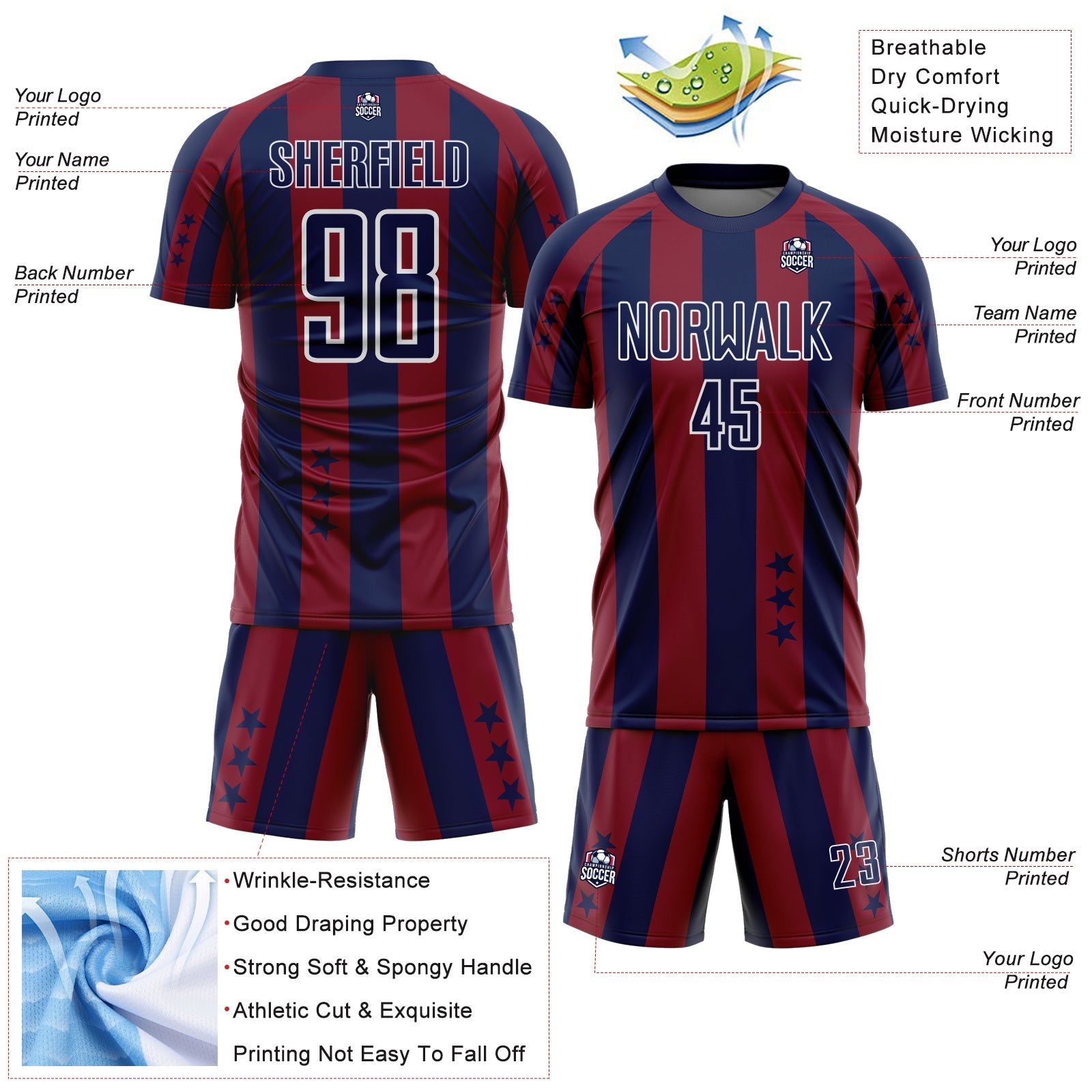 Custom Navy Crimson-White Stars And Stripes Sports Sublimation Soccer Uniform Jersey view 4