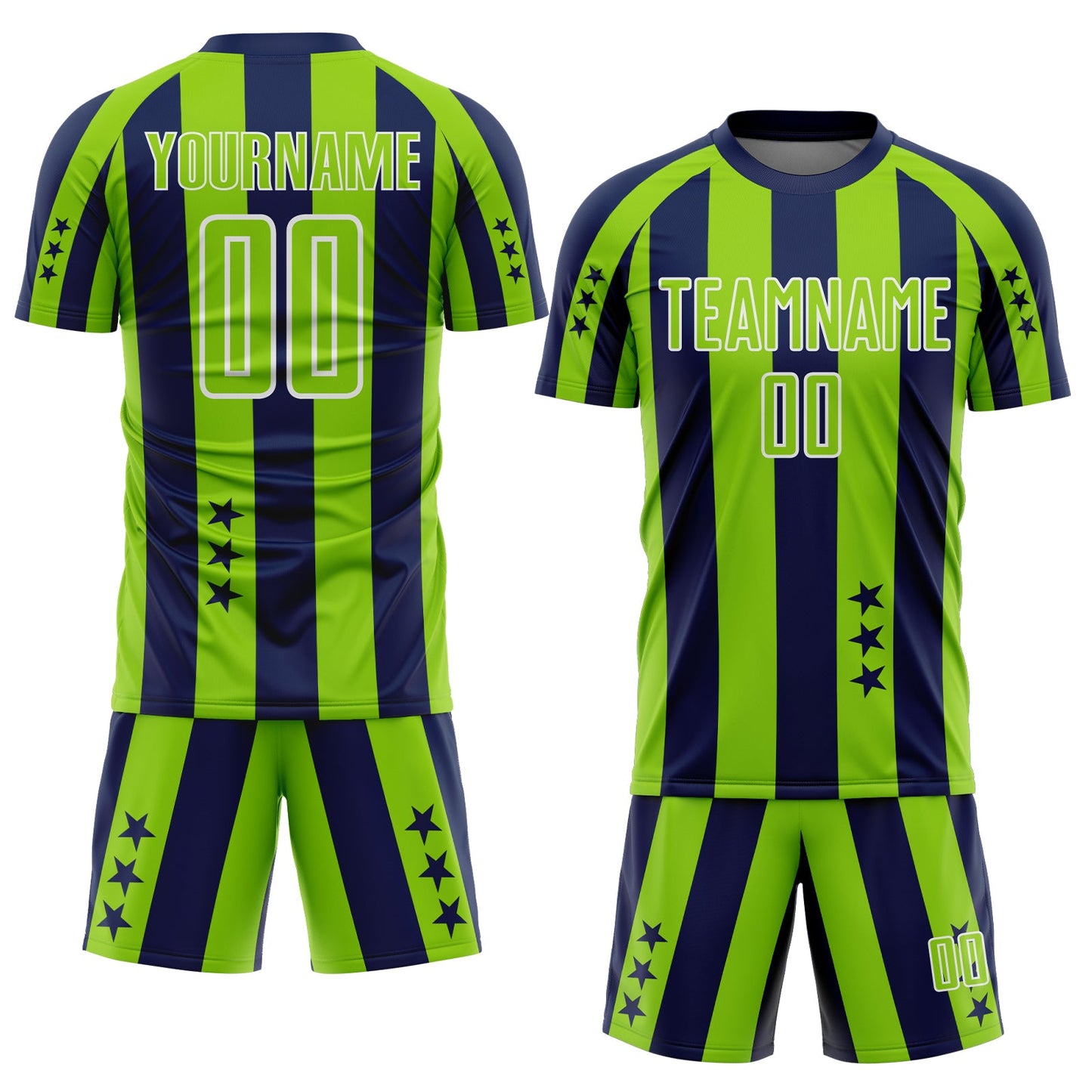 Custom Navy Neon Green-White Stars And Stripes Sports Sublimation Soccer Uniform Jersey view 2