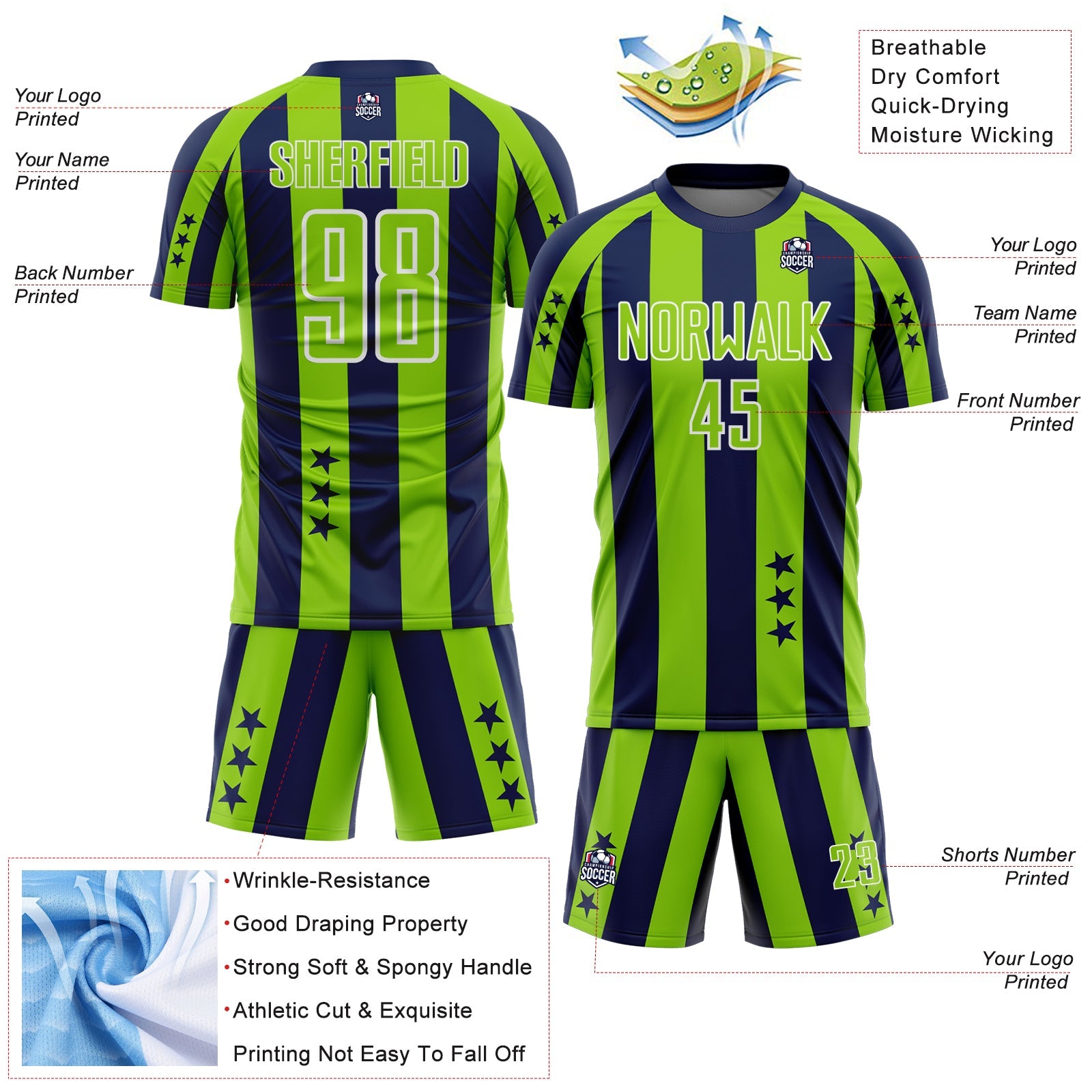 Custom Navy Neon Green-White Stars And Stripes Sports Sublimation Soccer Uniform Jersey view 4