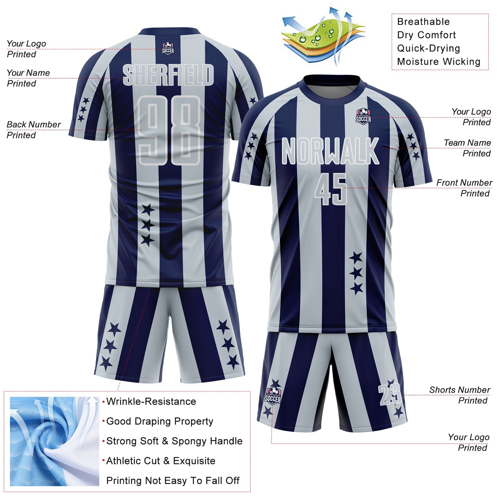 Custom Navy Silver-White Stars And Stripes Sports Sublimation Soccer Uniform Jersey view 4