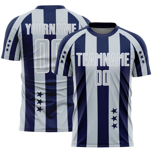 Custom Navy Silver-White Stars And Stripes Sports Sublimation Soccer Uniform Jersey - Main View